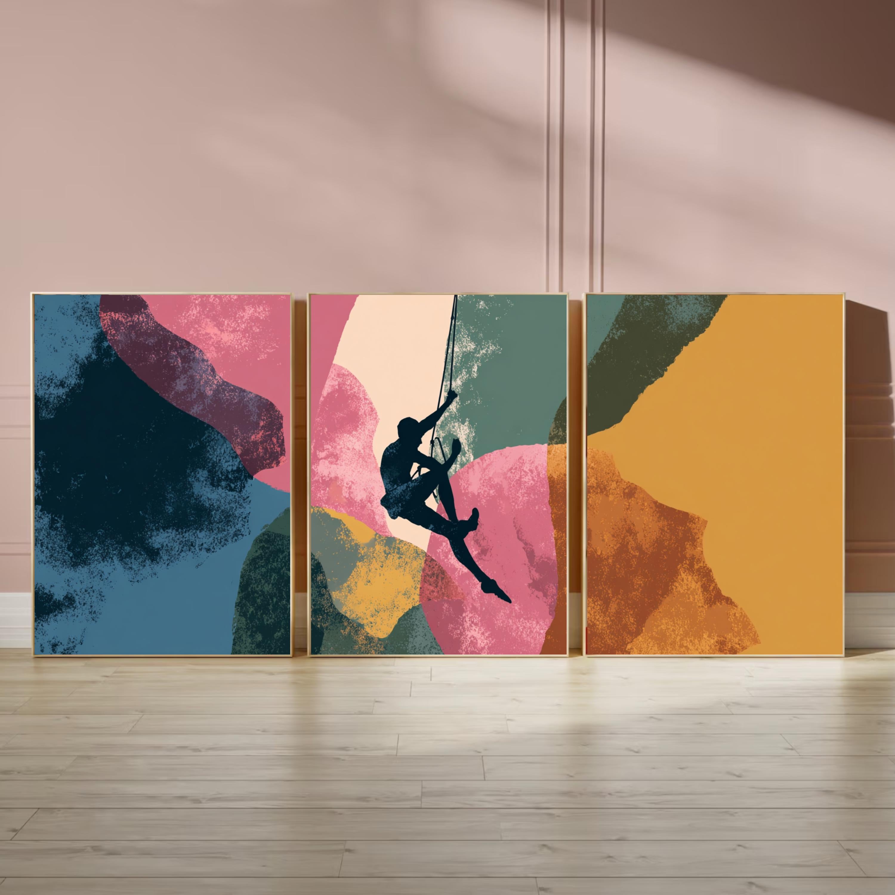 Abstract Rock Climbing Painting Poster Set | 3 Piece Wall Art Prints | Extreme Outdoor Sports Acrylic Artwork | Large 32x24 Inch Prints