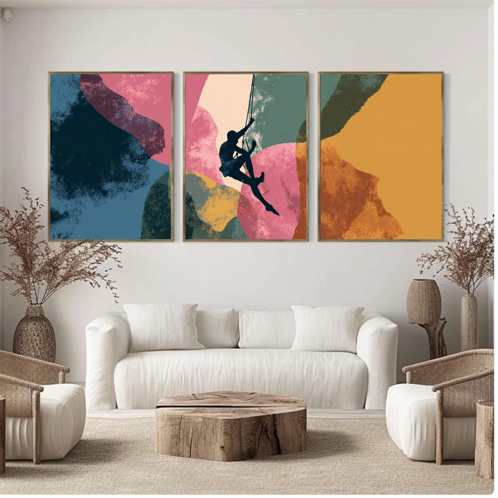 Abstract Rock Climbing Painting Poster Set | 3 Piece Wall Art Prints | Extreme Outdoor Sports Acrylic Artwork | Large 32x24 Inch Prints