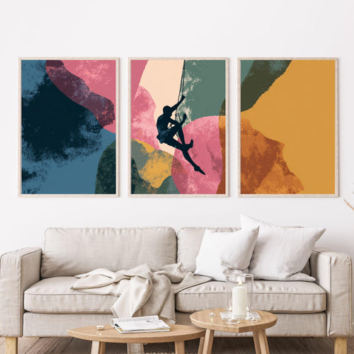 Abstract Rock Climbing Painting Poster Set | 3 Piece Wall Art Prints | Extreme Outdoor Sports Acrylic Artwork | Large 32x24 Inch Prints