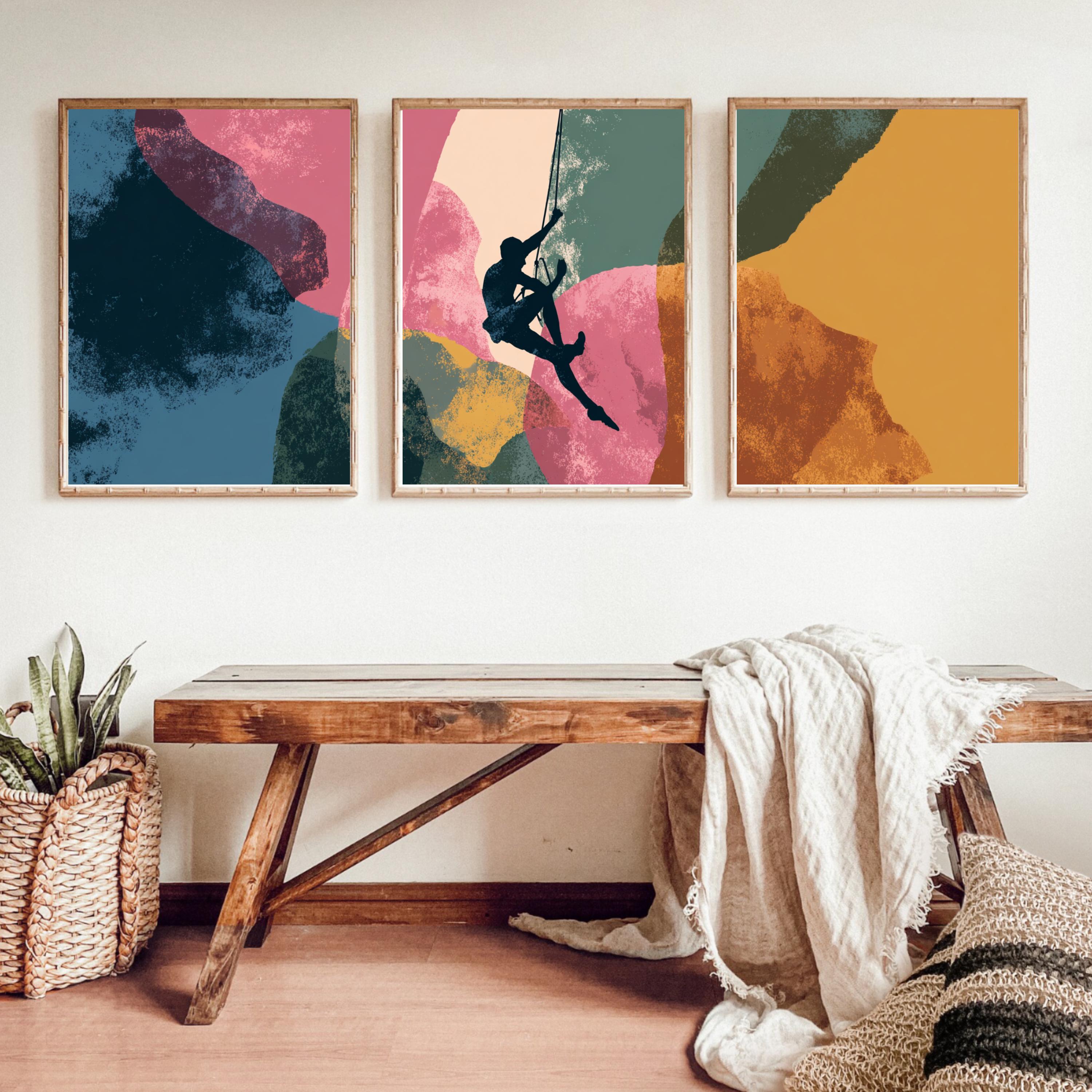 Abstract Rock Climbing Painting Poster Set | 3 Piece Wall Art Prints | Extreme Outdoor Sports Acrylic Artwork | Large 32x24 Inch Prints