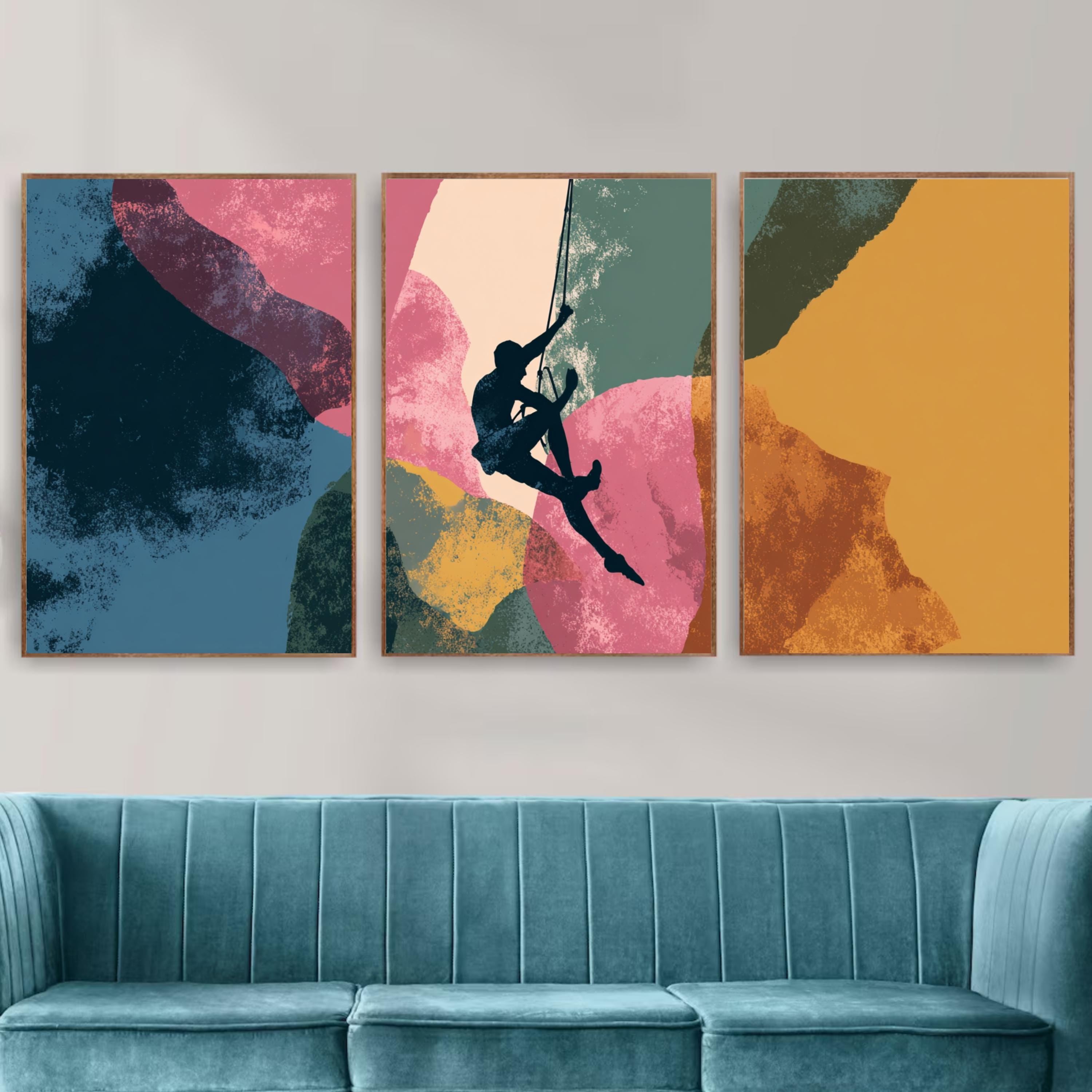 Abstract Rock Climbing Painting Poster Set | 3 Piece Wall Art Prints | Extreme Outdoor Sports Acrylic Artwork | Large 32x24 Inch Prints