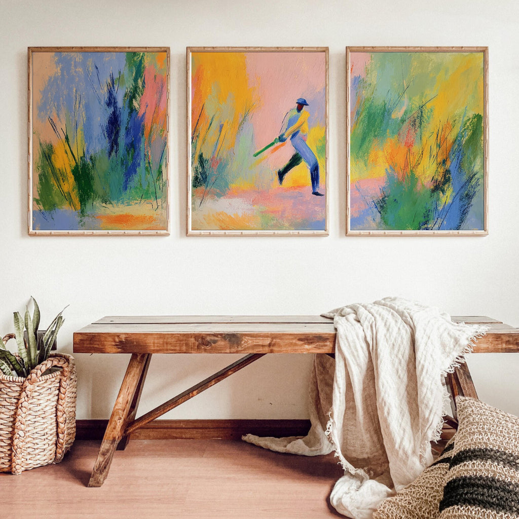 Abstract Cricket Art Poster Set | 3 Piece Sports Wall Prints | Cricket Gift for Fans and Players| Large 32x24 Inch Prints