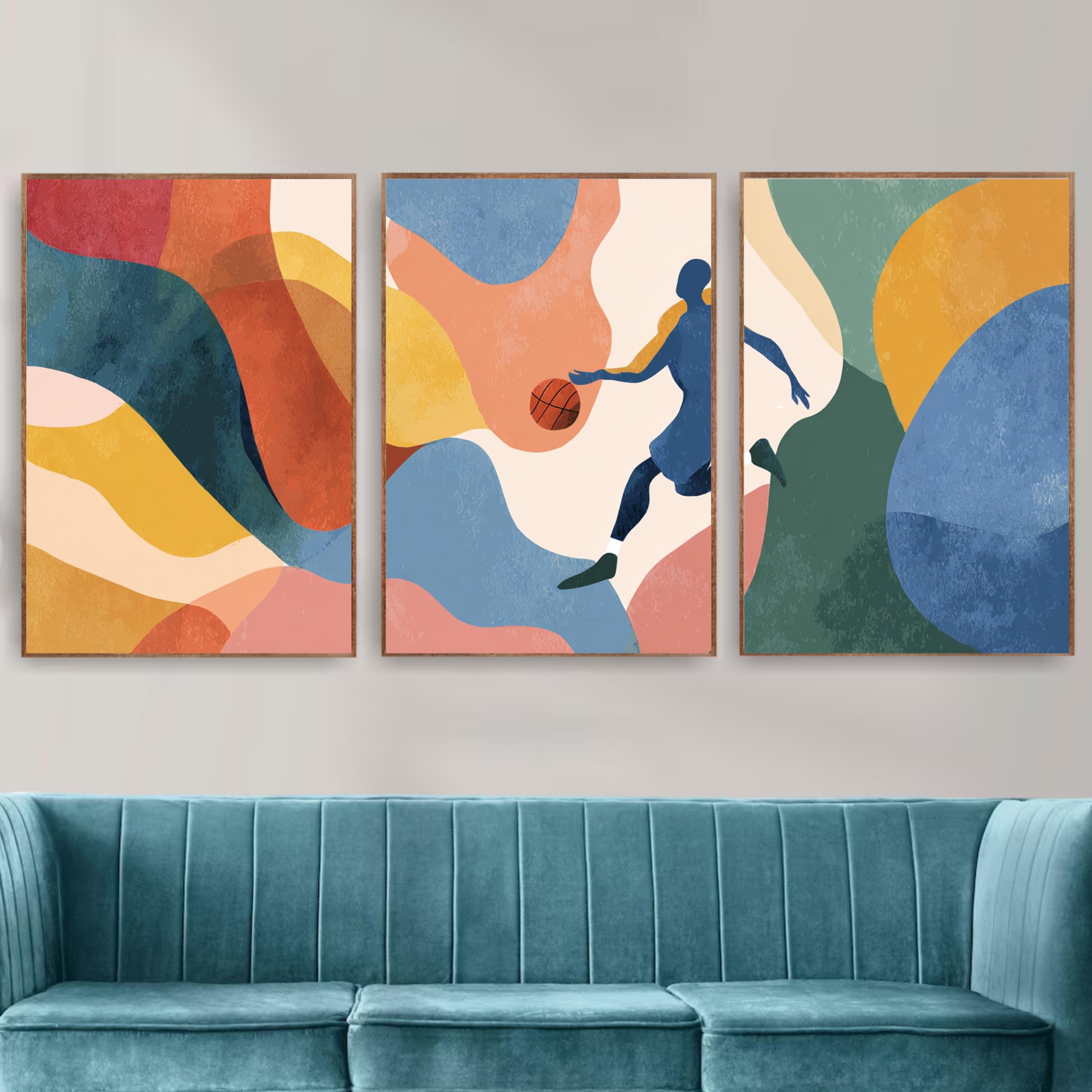 Abstract Basketball Art Poster Set | 3 Piece Sports Wall Prints | Basketball Gift for Players and Fans, Large 32x24 Inch Prints