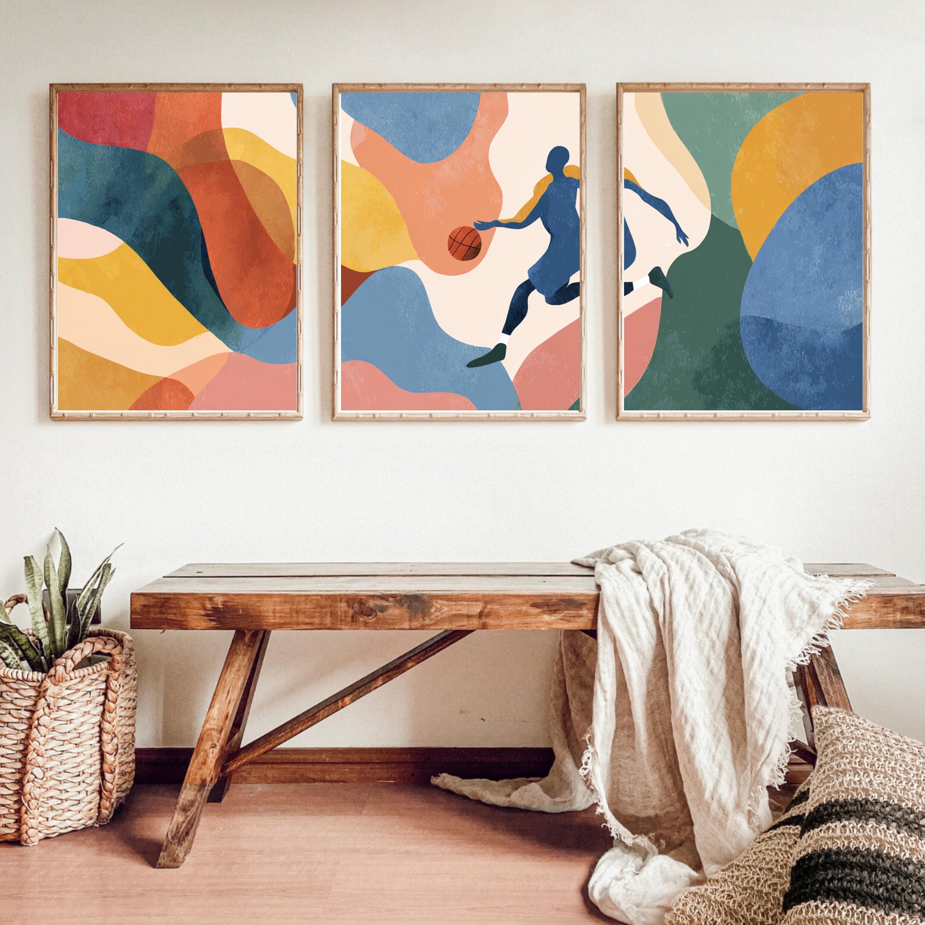 Abstract Basketball Art Poster Set | 3 Piece Sports Wall Prints | Basketball Gift for Players and Fans, Large 32x24 Inch Prints