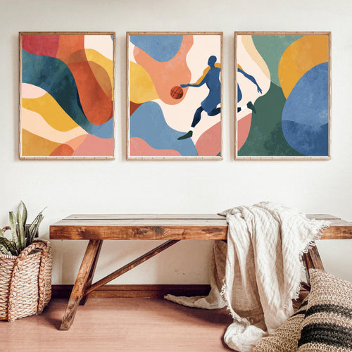 Abstract Basketball Art Poster Set | 3 Piece Sports Wall Prints | Basketball Gift for Players and Fans, Large 32x24 Inch Prints