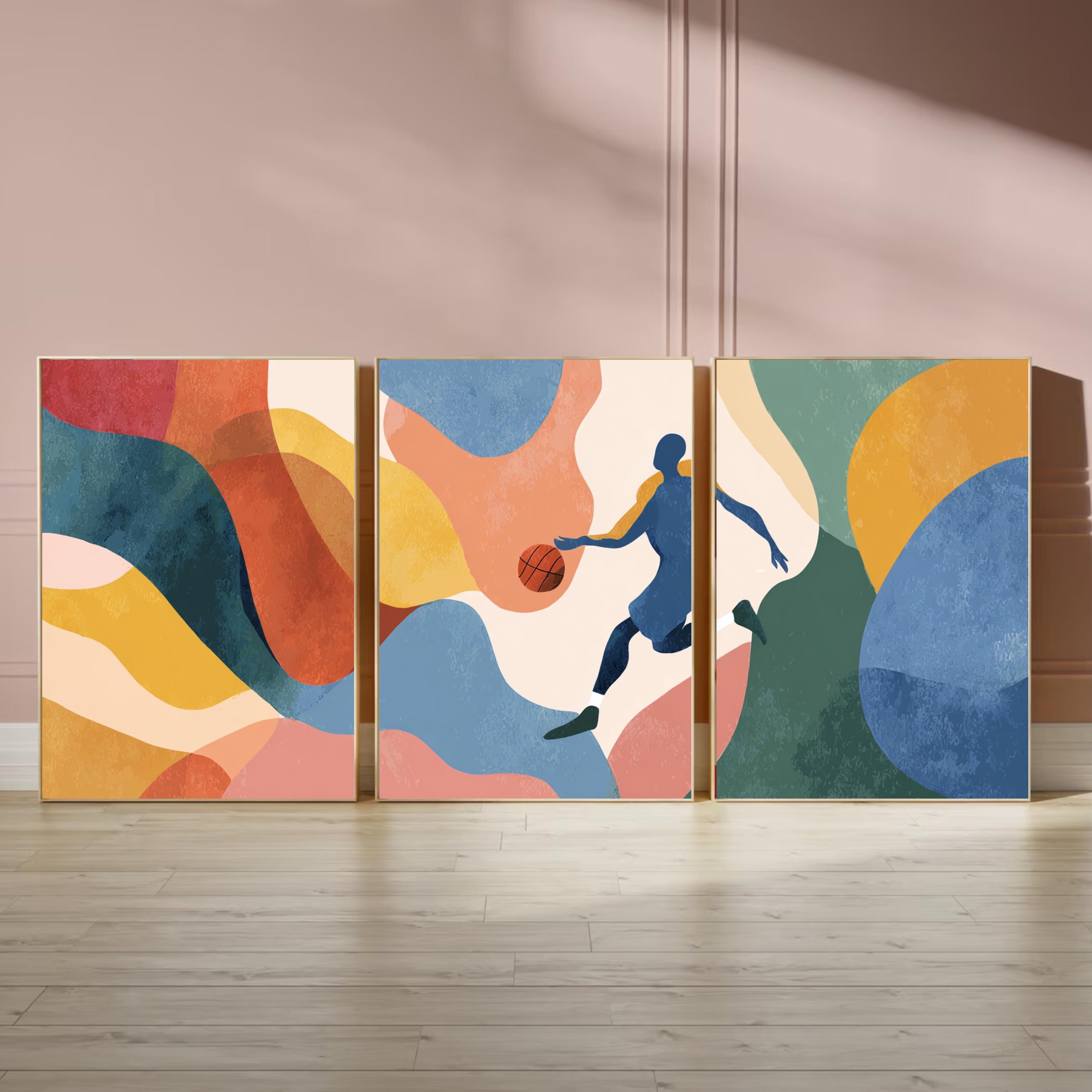Abstract Basketball Art Poster Set | 3 Piece Sports Wall Prints | Basketball Gift for Players and Fans, Large 32x24 Inch Prints