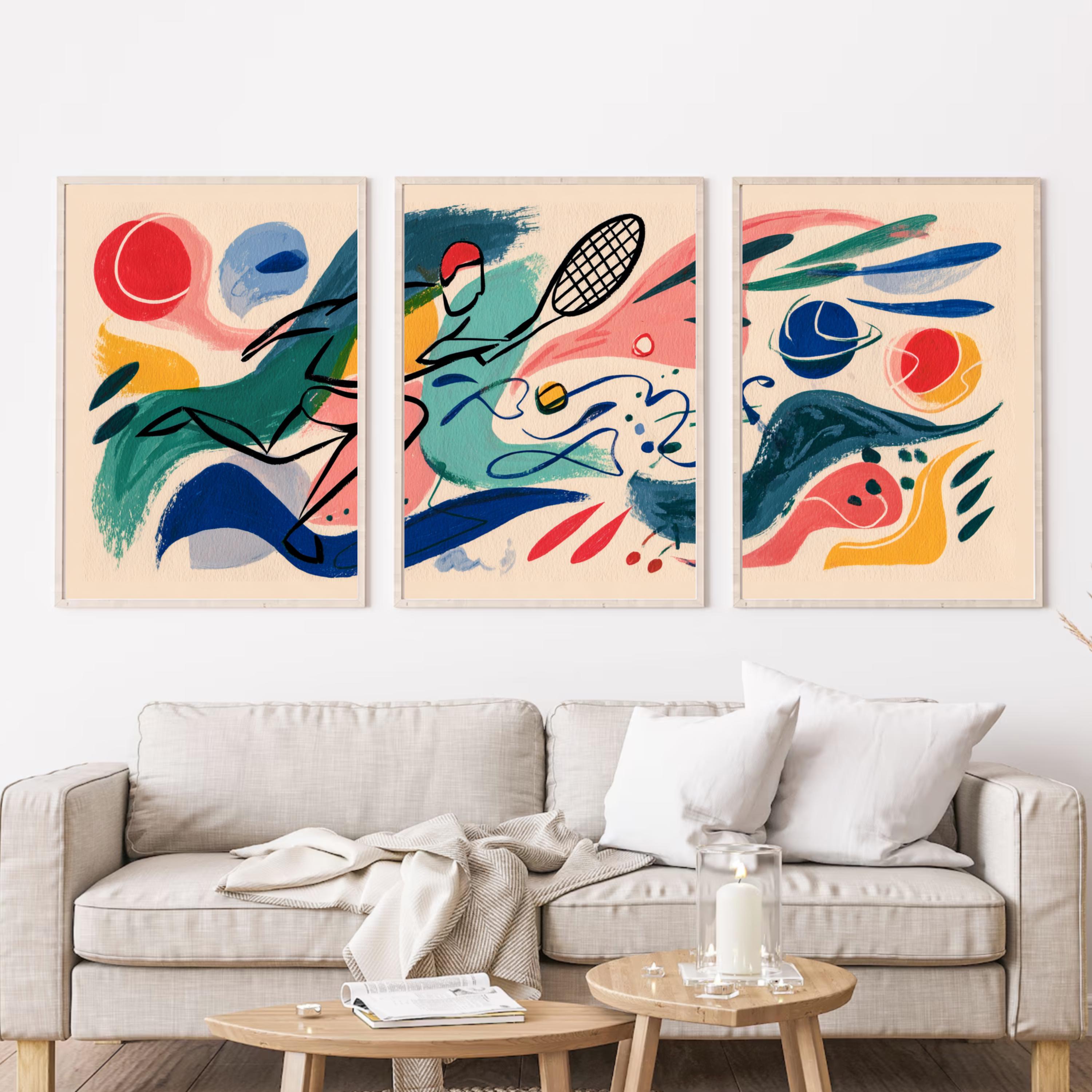 Modern Abstract Tennis Art Poster Set | Matisse Inspired Sports Wall Prints | 3 Piece Tennis Artwork