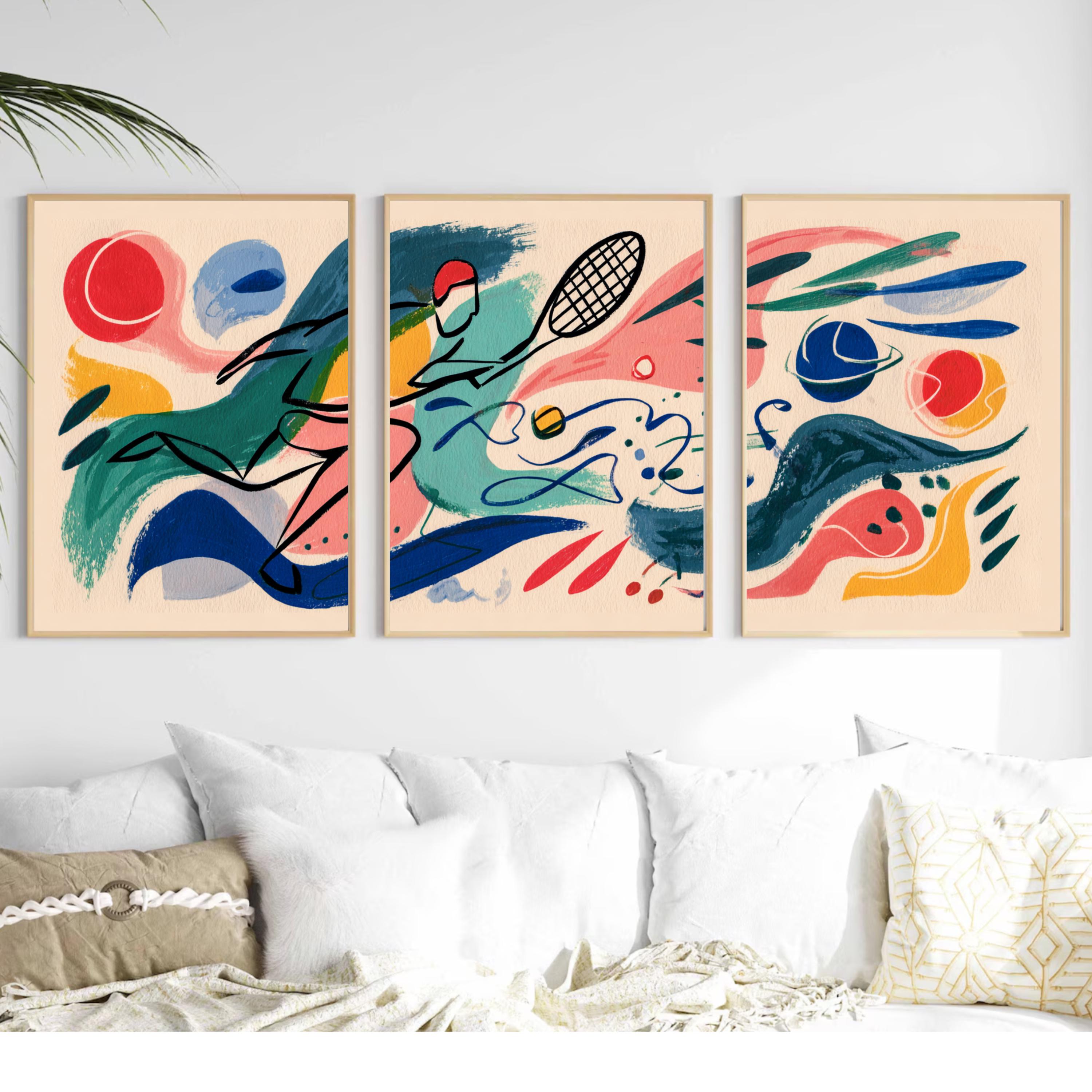 Modern Abstract Tennis Art Poster Set | Matisse Inspired Sports Wall Prints | 3 Piece Tennis Artwork