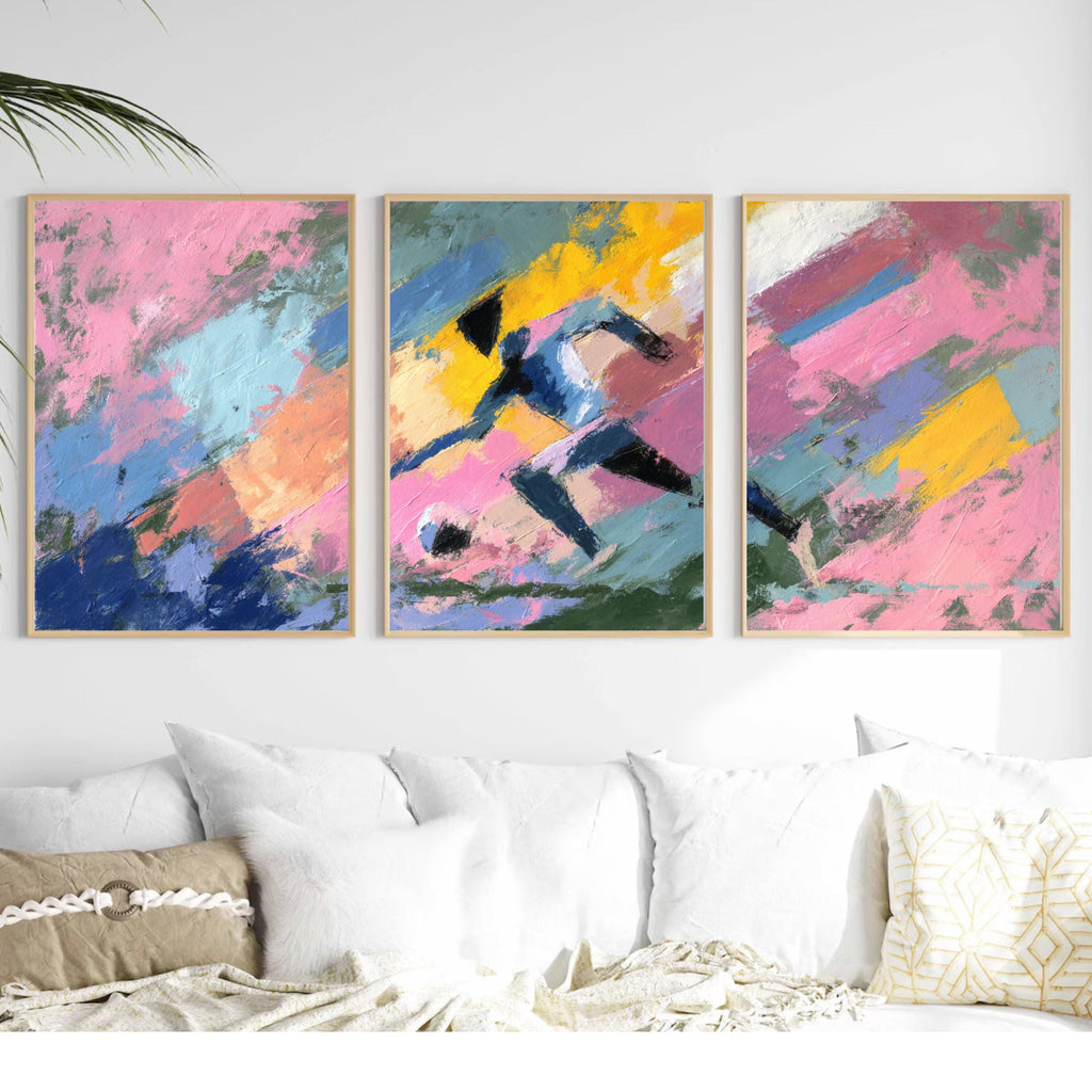 Abstract Soccer Art Poster Set | 3 Piece Sports Wall Prints | Football Gift for Players and Fans, Large 32x24 Inch Prints