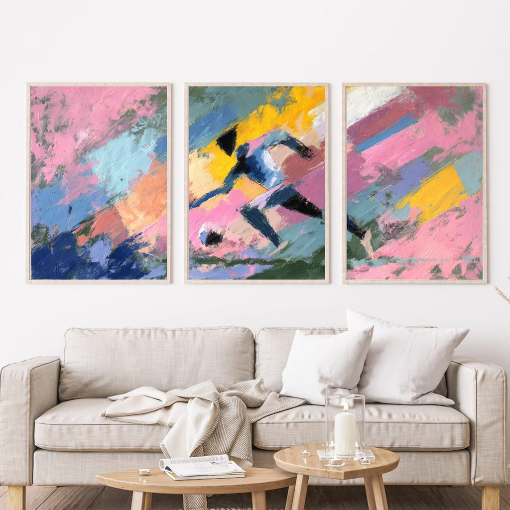 Abstract Soccer Art Poster Set | 3 Piece Sports Wall Prints | Football Gift for Players and Fans, Large 32x24 Inch Prints