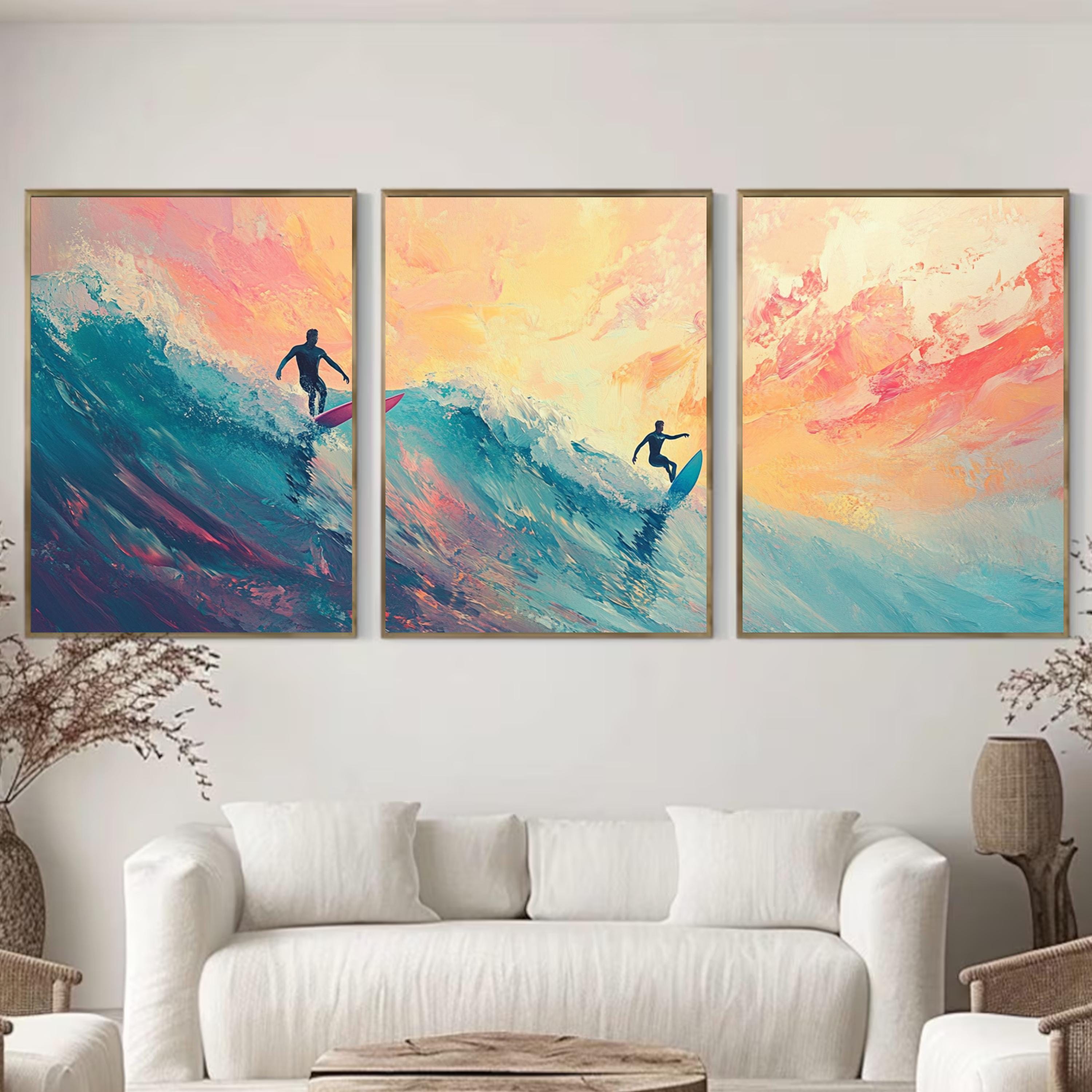 Abstract Surfing Art Poster Set | 3 Piece Ocean Wall Prints | Sunset Surfers Coastal Artwork