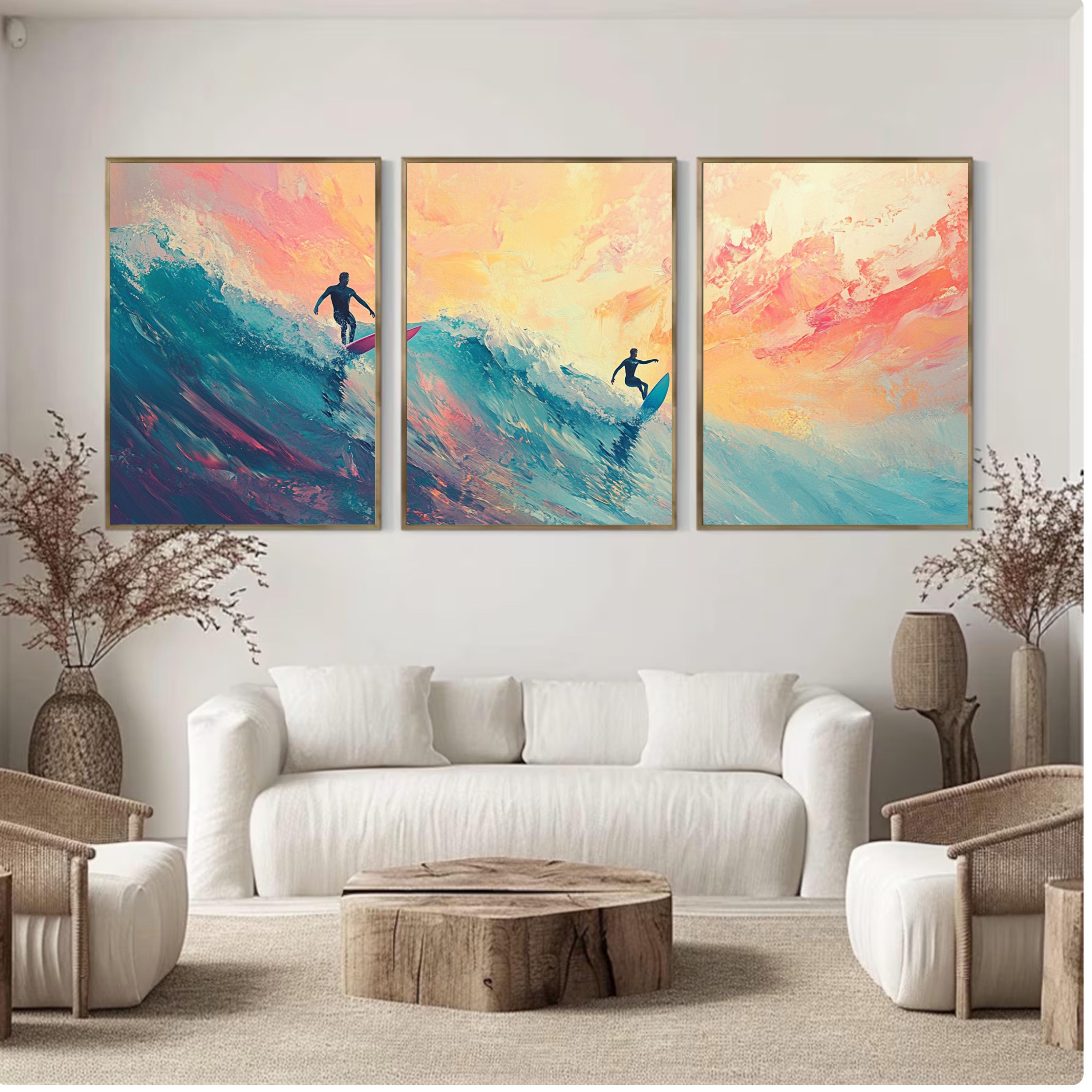 Abstract Surfing Art Poster Set | 3 Piece Ocean Wall Prints | Sunset Surfers Coastal Artwork