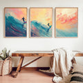 Abstract Surfing Art Poster Set | 3 Piece Ocean Wall Prints | Sunset Surfers Coastal Artwork
