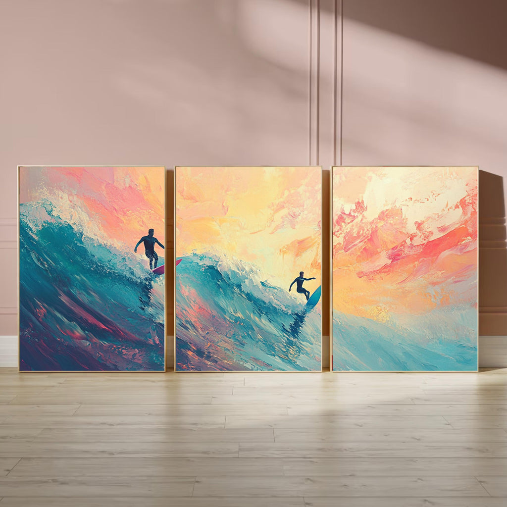 Abstract Surfing Art Poster Set | 3 Piece Ocean Wall Prints | Sunset Surfers Coastal Artwork