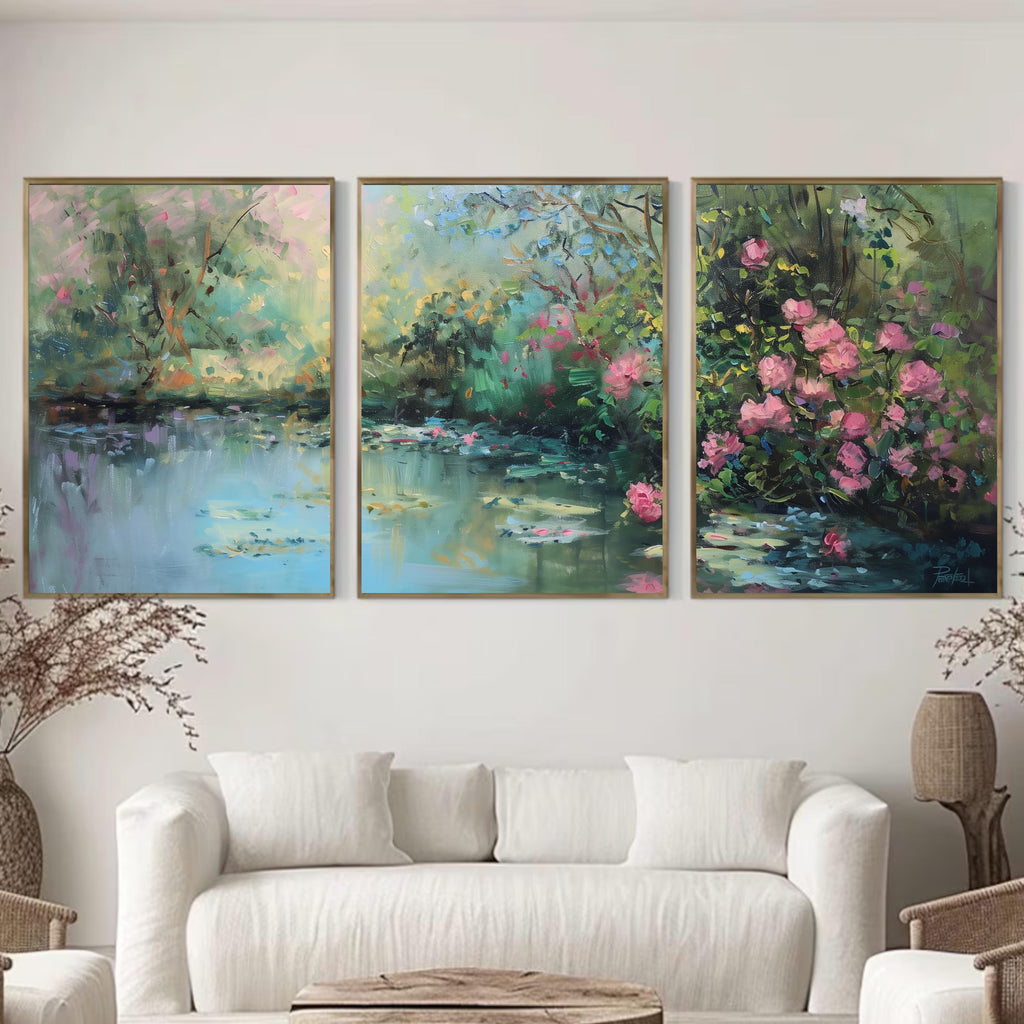 Romantic Garden Wall Art | Water Lily Pond & Pink Roses | Impressionist Nature Landscape Print | OceanBlueeArt