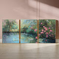 Romantic Garden Wall Art | Water Lily Pond & Pink Roses | Impressionist Nature Landscape Print | OceanBlueeArt