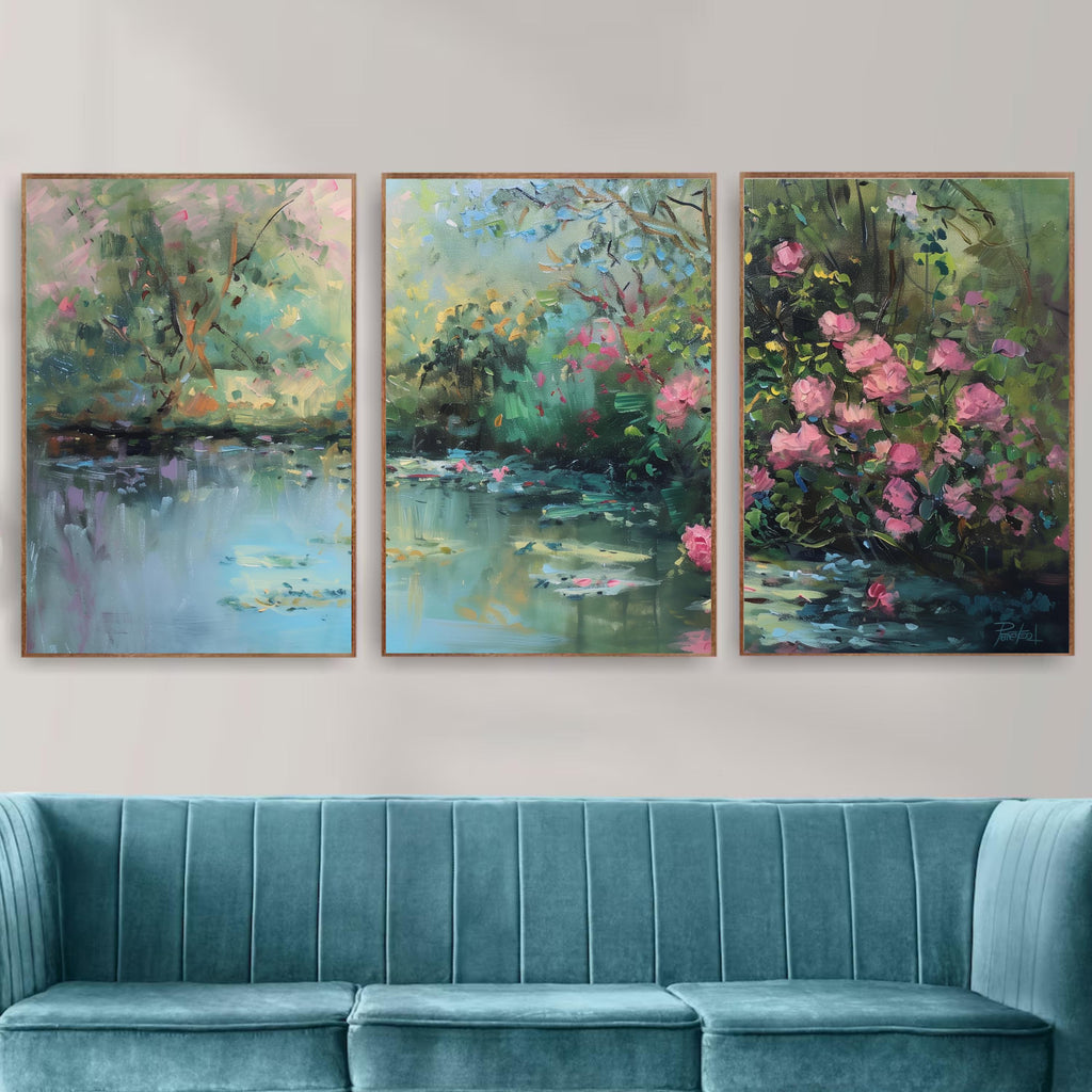 Romantic Garden Wall Art | Water Lily Pond & Pink Roses | Impressionist Nature Landscape Print | OceanBlueeArt