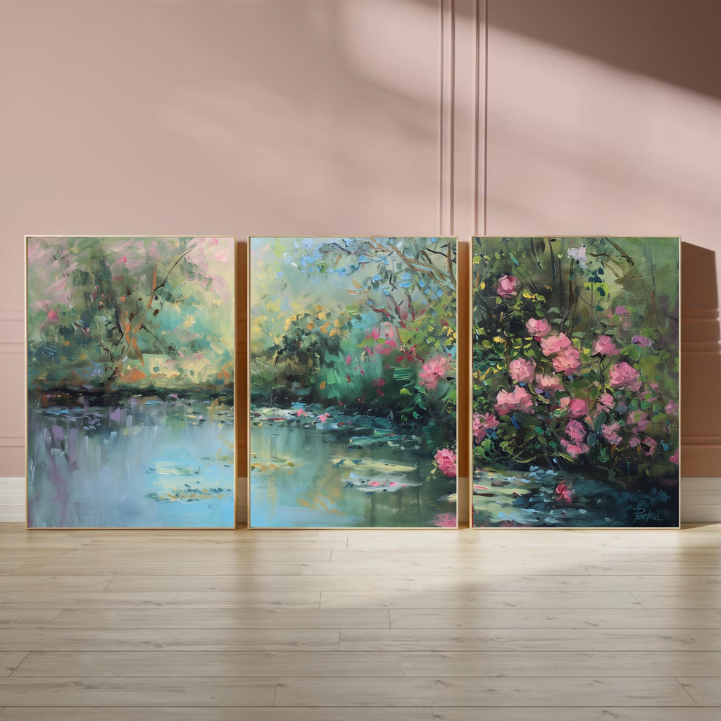 Romantic Garden Wall Art | Water Lily Pond & Pink Roses | Impressionist Nature Landscape Print | OceanBlueeArt