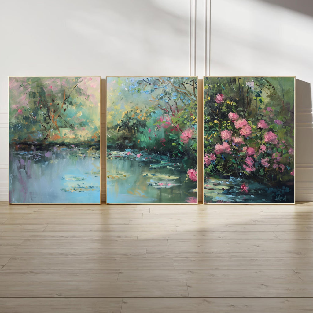 Romantic Garden Wall Art | Water Lily Pond & Pink Roses | Impressionist Nature Landscape Print | OceanBlueeArt