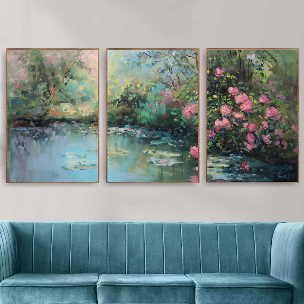 Romantic Garden Wall Art | Water Lily Pond & Pink Roses | Impressionist Nature Landscape Print | OceanBlueeArt