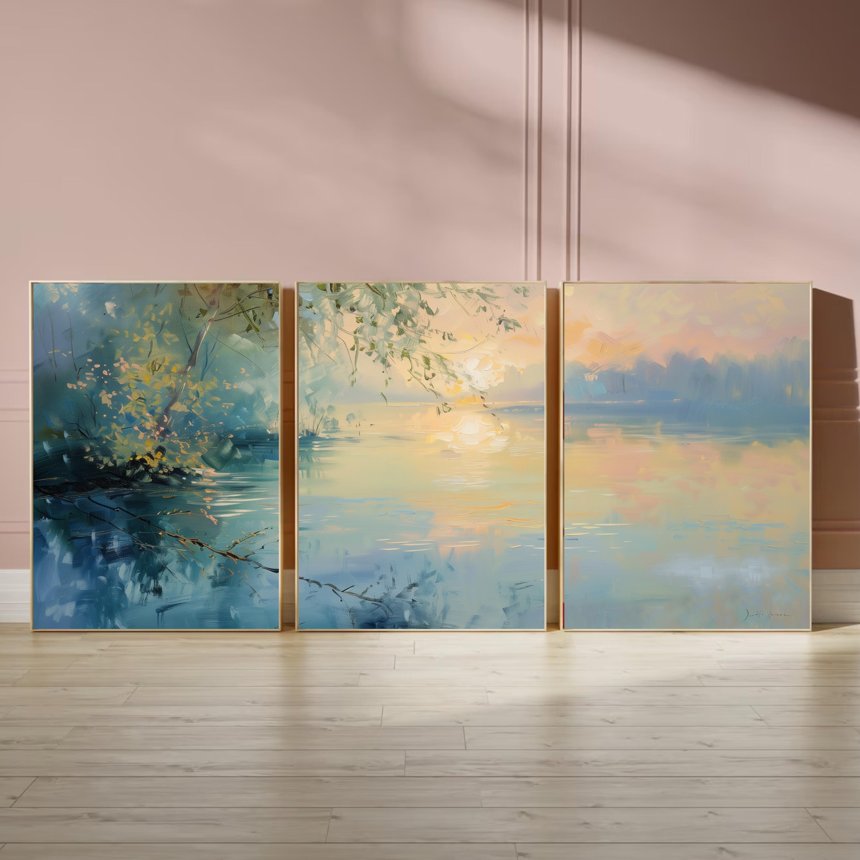 Pastel Lake Sunset Wall Art | Tranquil Waters & Golden Reflections | Soft Landscape Painting Print | OceanBlueeArt