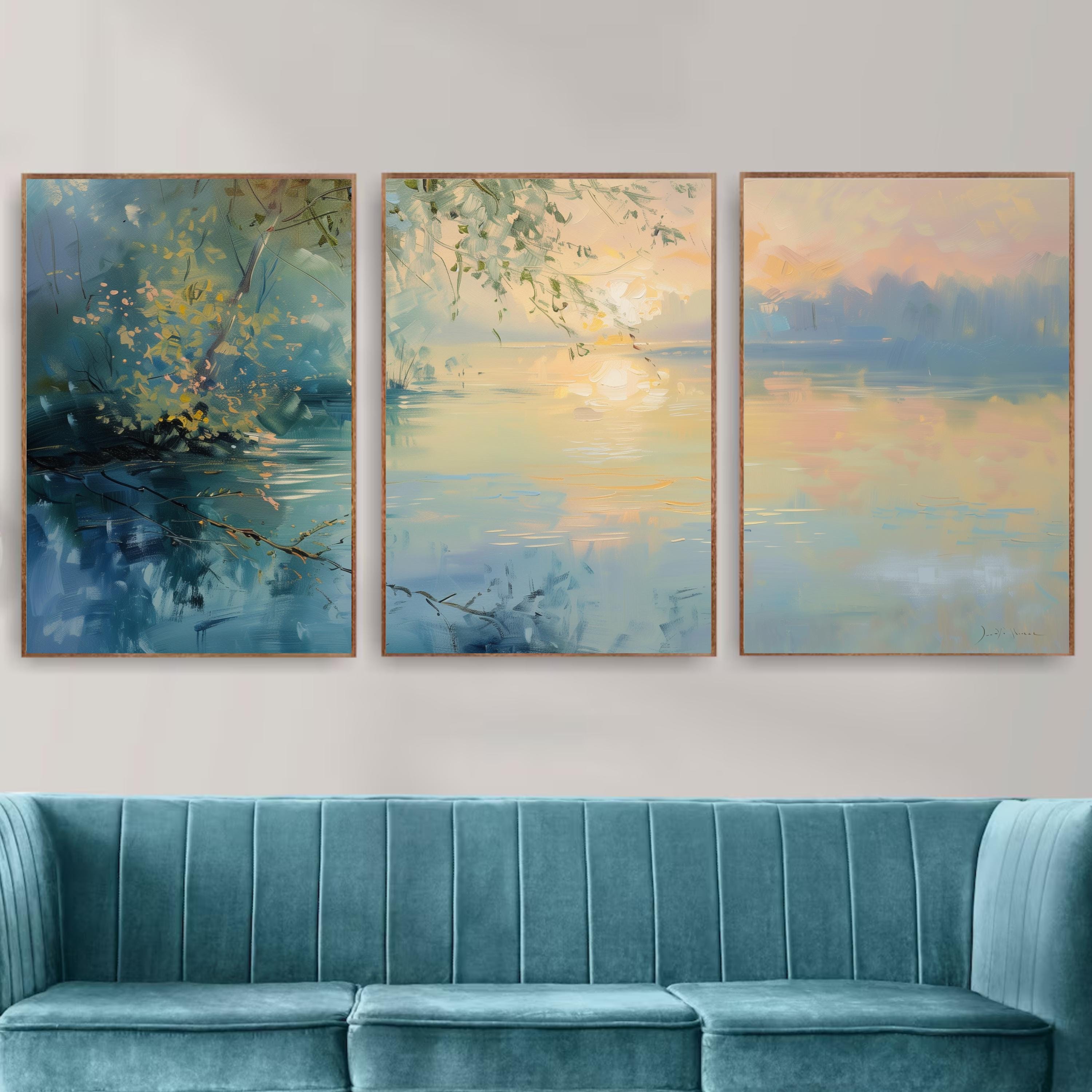 Pastel Lake Sunset Wall Art | Tranquil Waters & Golden Reflections | Soft Landscape Painting Print | OceanBlueeArt