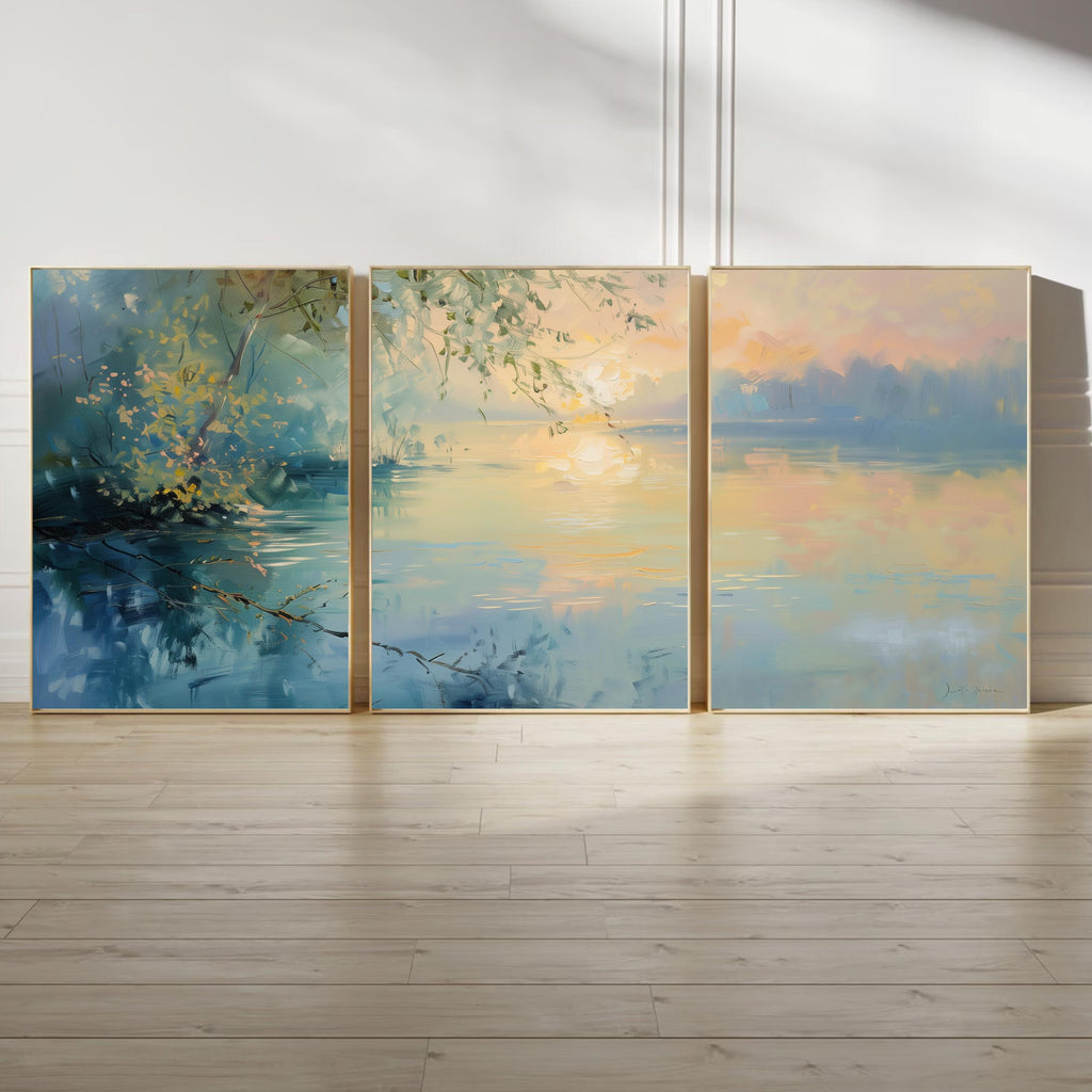 Pastel Lake Sunset Wall Art | Tranquil Waters & Golden Reflections | Soft Landscape Painting Print | OceanBlueeArt