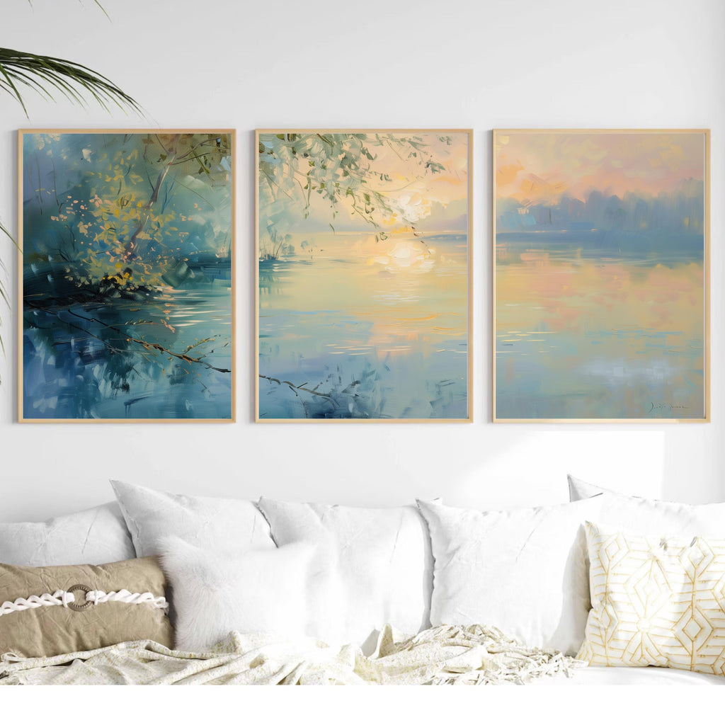 Pastel Lake Sunset Wall Art | Tranquil Waters & Golden Reflections | Soft Landscape Painting Print | OceanBlueeArt