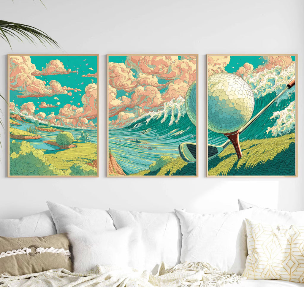 Golf Wall Art Set of 3 | Surreal Golf Poster Prints | Triptych Golf Decor for Living Room Office or Man Cave