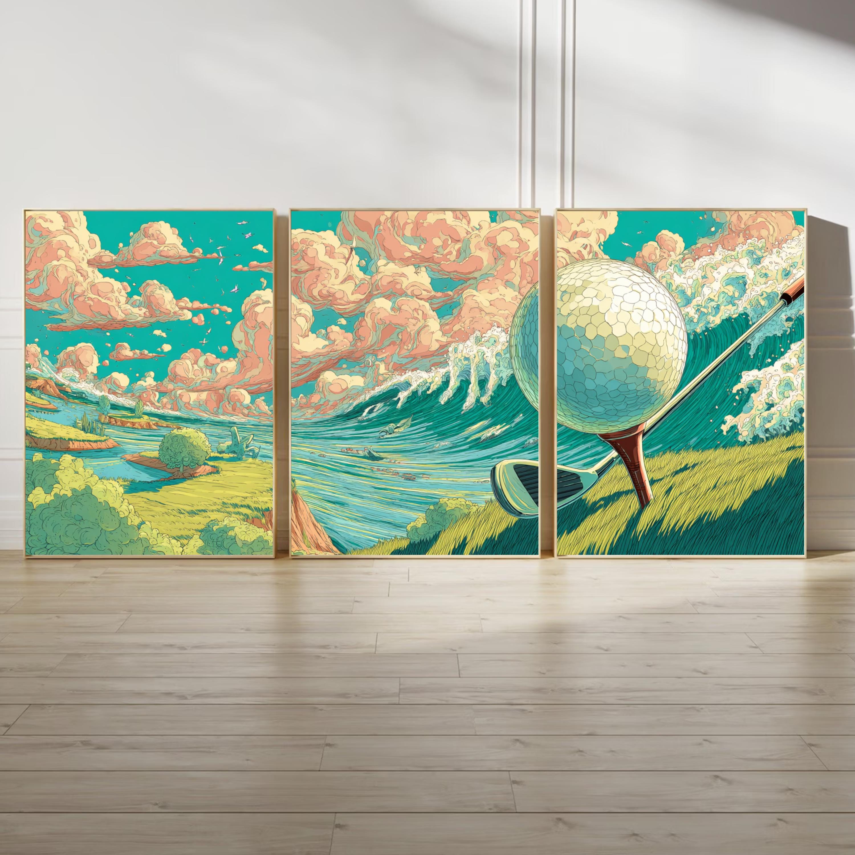 Golf Wall Art Set of 3 | Surreal Golf Poster Prints | Triptych Golf Decor for Living Room Office or Man Cave