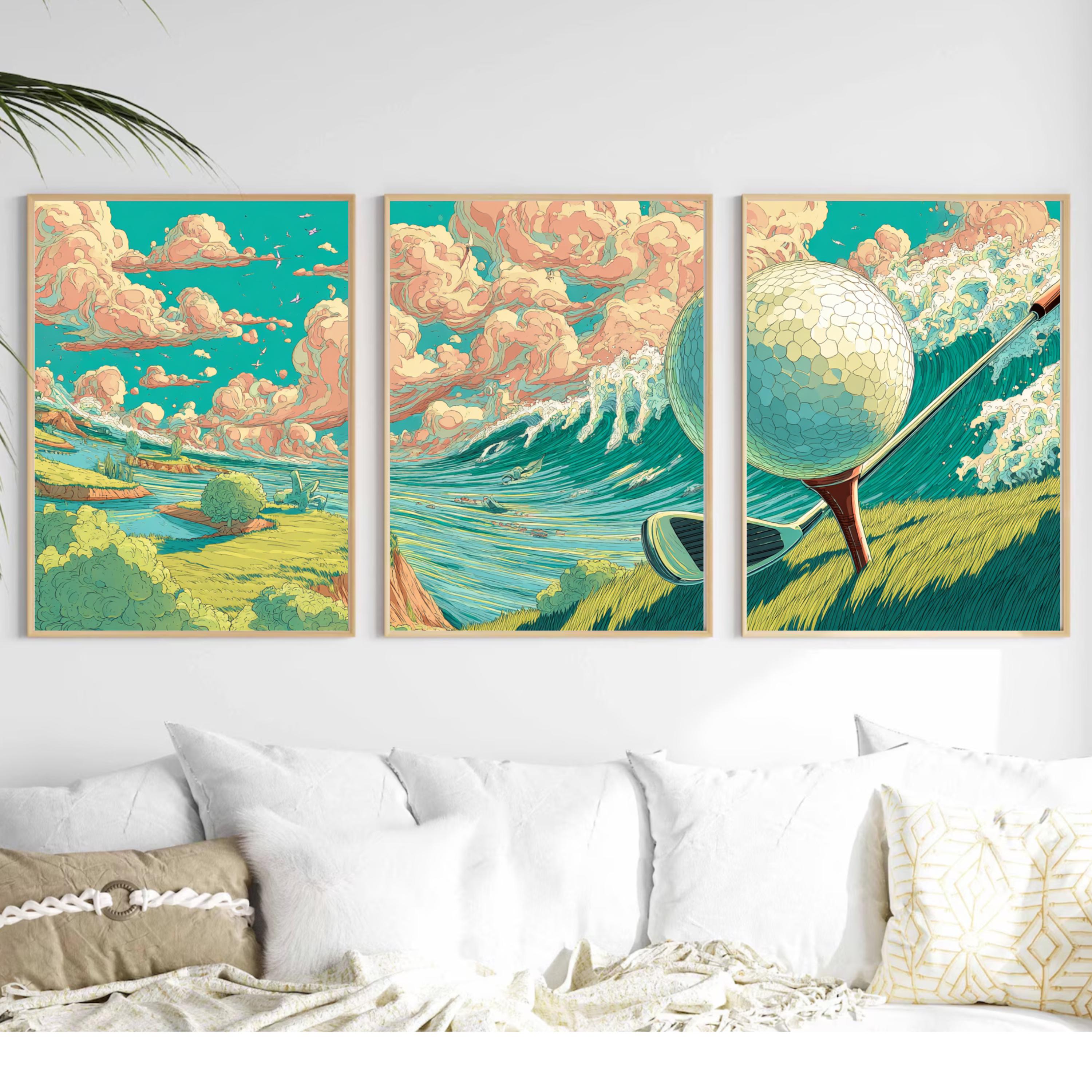 Golf Wall Art Set of 3 | Surreal Golf Poster Prints | Triptych Golf Decor for Living Room Office or Man Cave