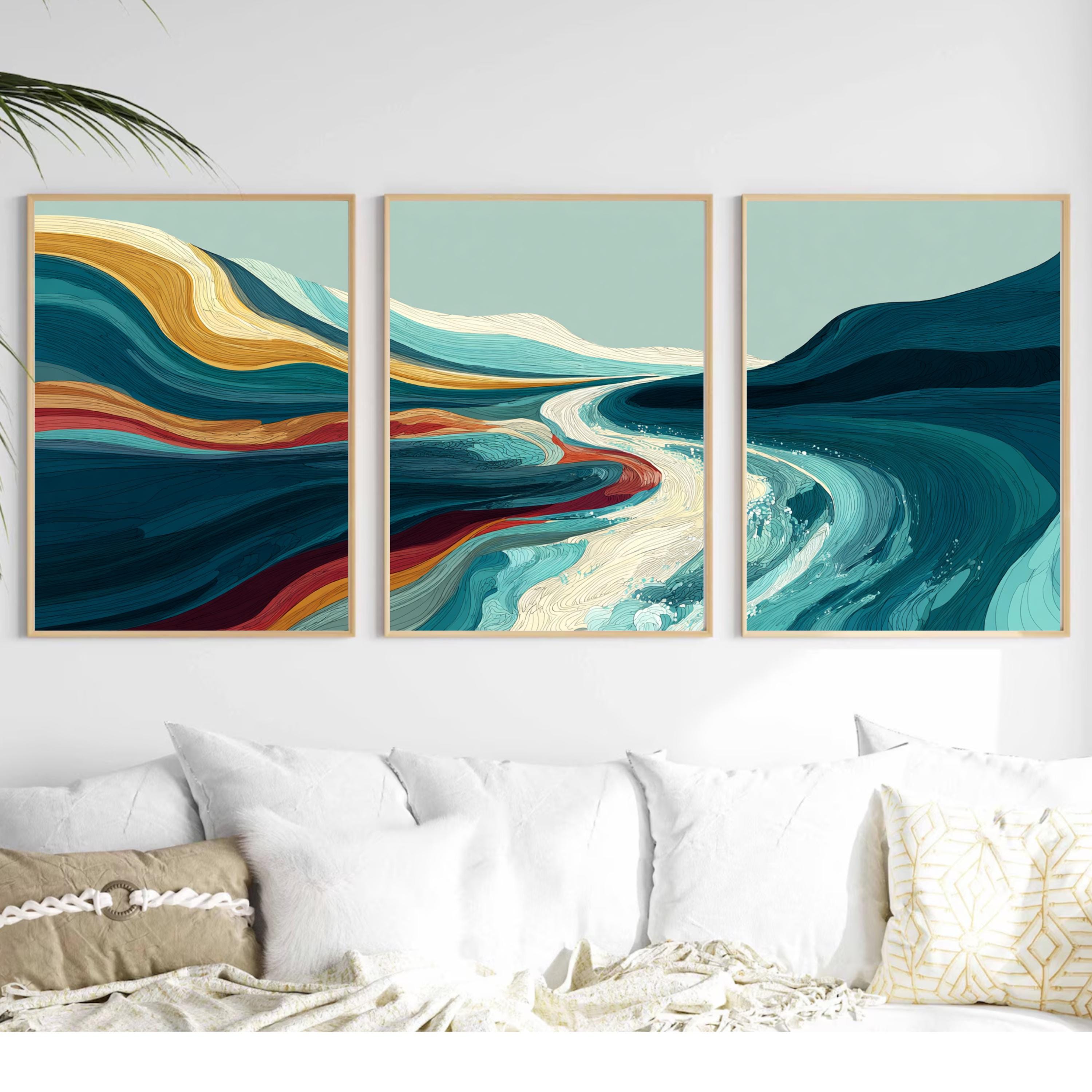 Abstract Wall Art Set of 3 | Modern Triptych Poster Prints | Teal and Gold Abstract Landscape for Living Room