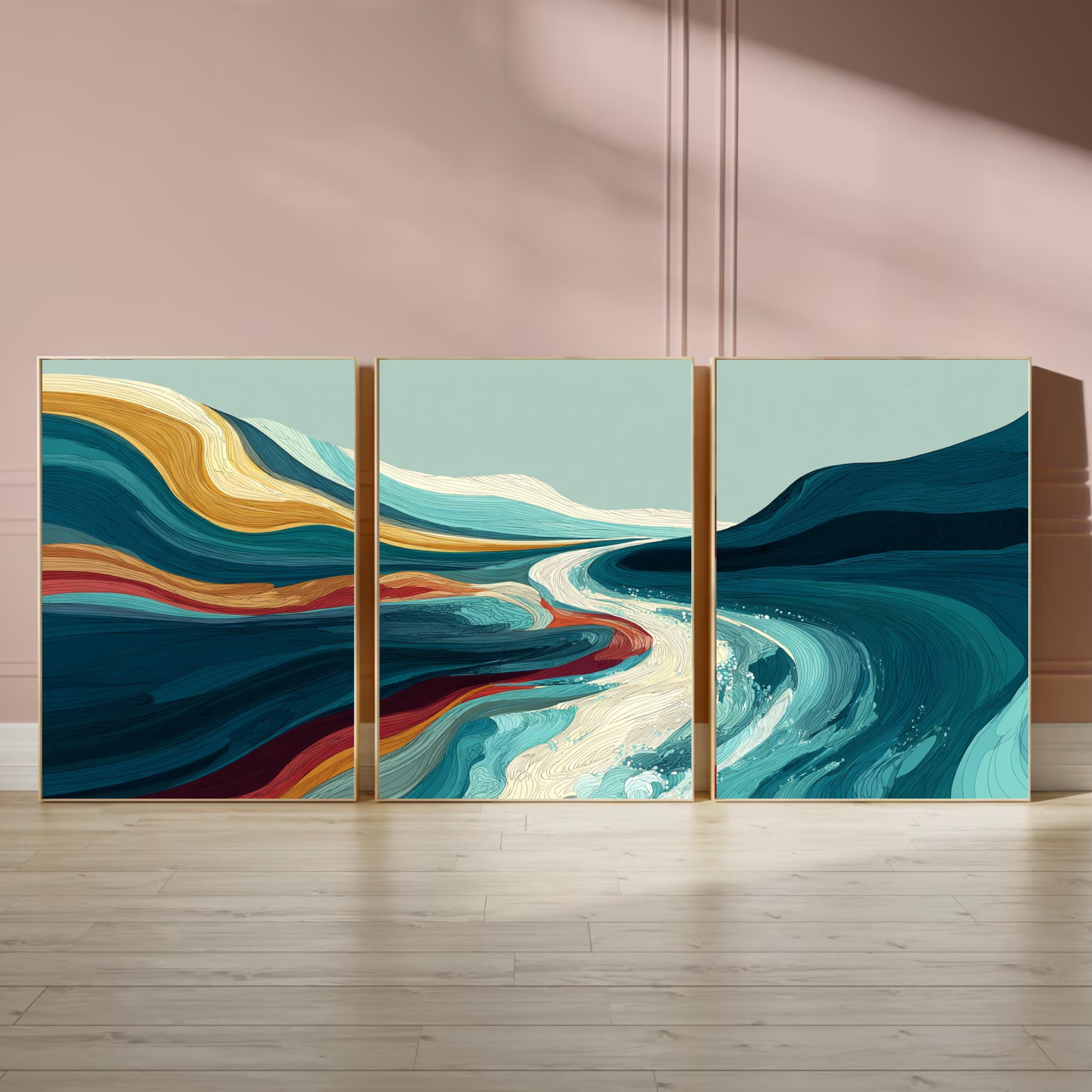 Abstract Wall Art Set of 3 | Modern Triptych Poster Prints | Teal and Gold Abstract Landscape for Living Room