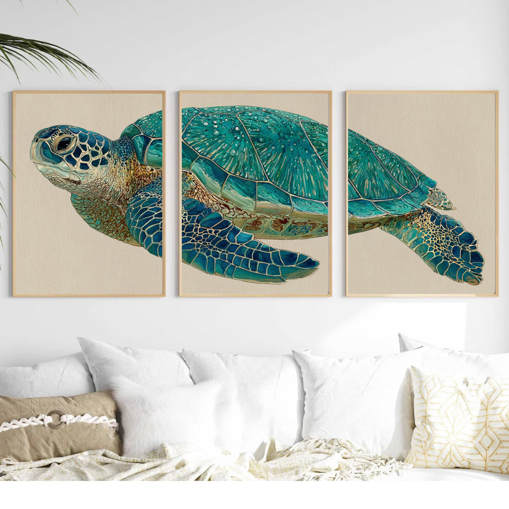 Sea Turtle Wall Art Set of 3 | Ocean Triptych Poster Prints | Coastal Beach House Decor for Living Room or Bedroom
