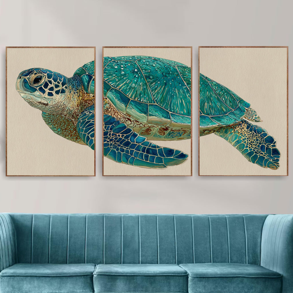Sea Turtle Wall Art Set of 3 | Ocean Triptych Poster Prints | Coastal Beach House Decor for Living Room or Bedroom