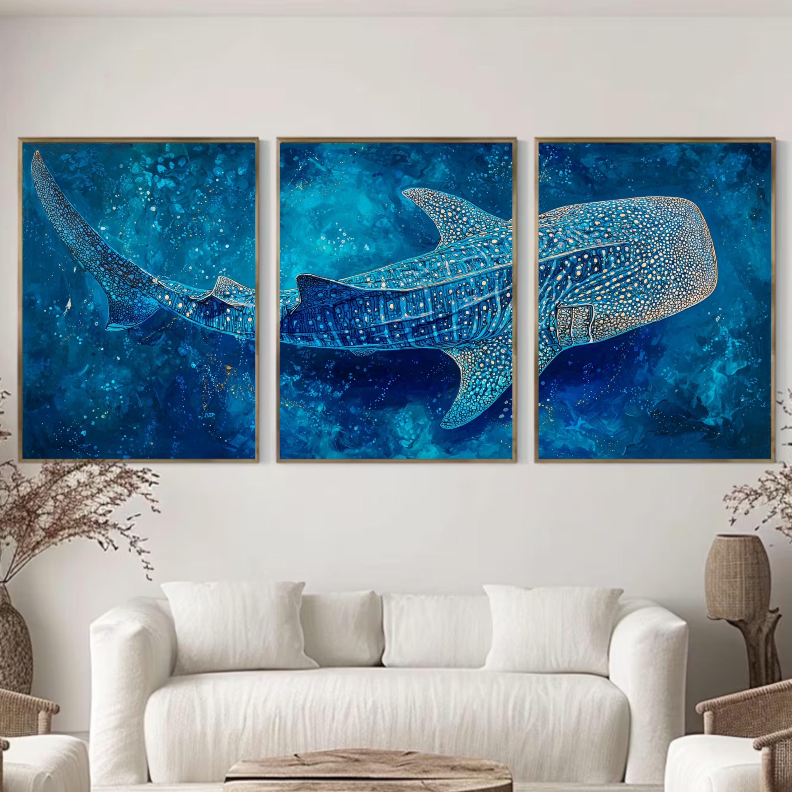 Whale Shark Wall Art Set of 3 | Ocean Triptych Poster Prints | Coastal Blue Marine Life Decor for Living Room or Bedroom