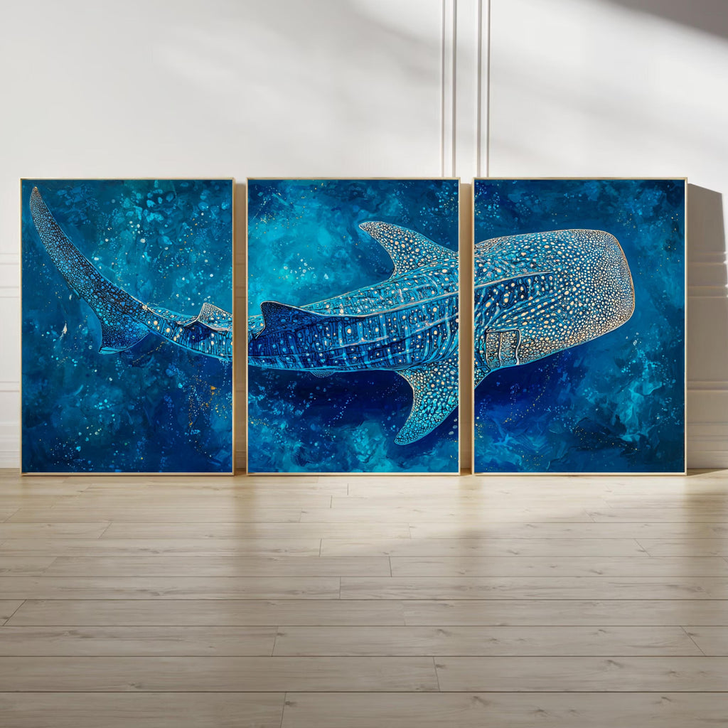 Whale Shark Wall Art Set of 3 | Ocean Triptych Poster Prints | Coastal Blue Marine Life Decor for Living Room or Bedroom
