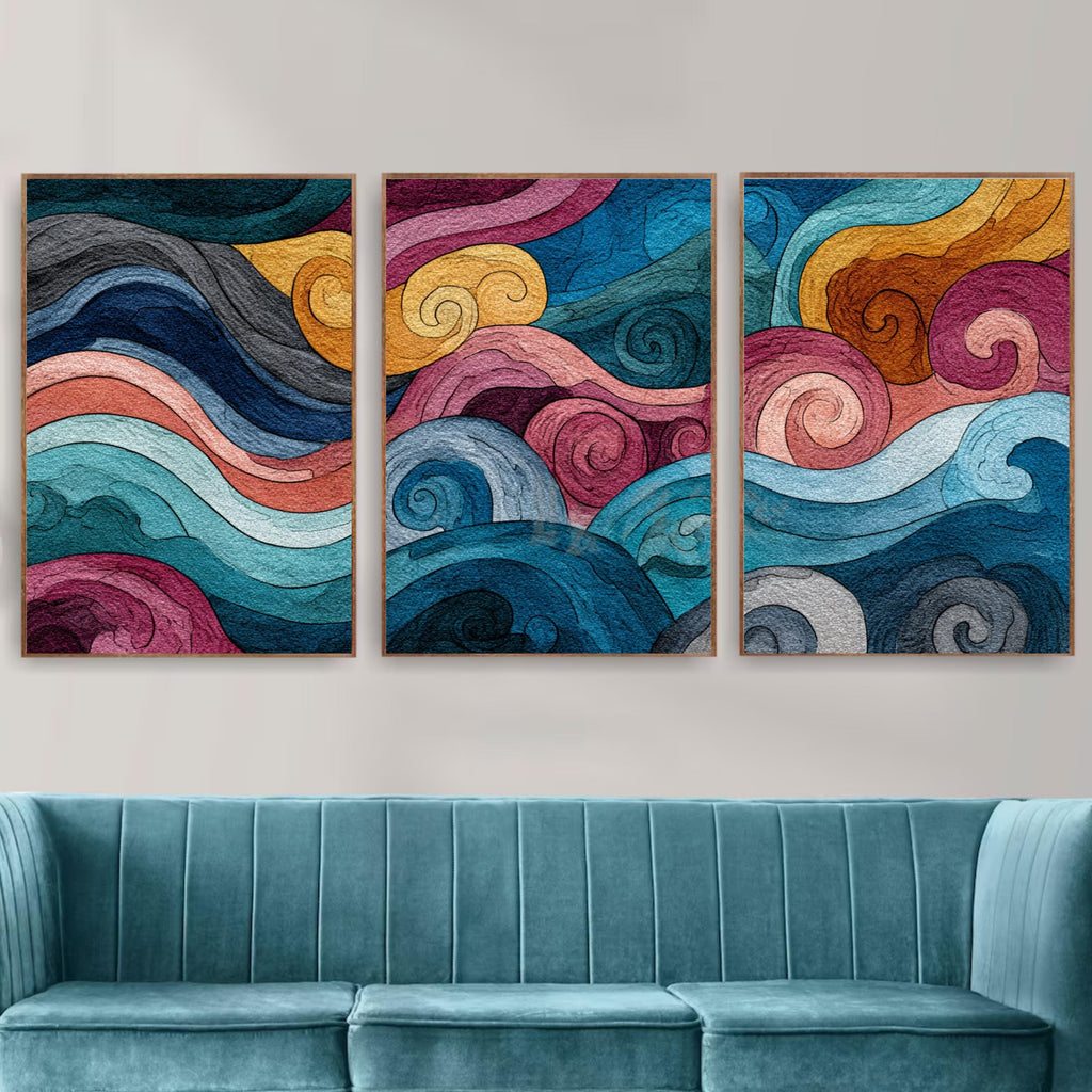 Abstract Wave Wall Art Set of 3 | Colorful Ocean Inspired Triptych Prints | Modern Coastal Decor for Living Room or Bedroom