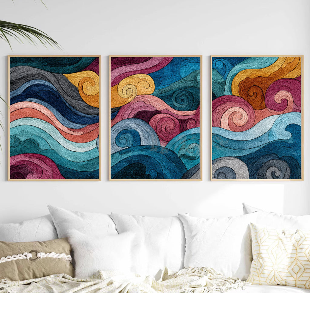 Abstract Wave Wall Art Set of 3 | Colorful Ocean Inspired Triptych Prints | Modern Coastal Decor for Living Room or Bedroom