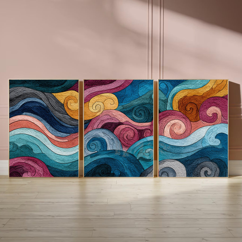 Abstract Wave Wall Art Set of 3 | Colorful Ocean Inspired Triptych Prints | Modern Coastal Decor for Living Room or Bedroom