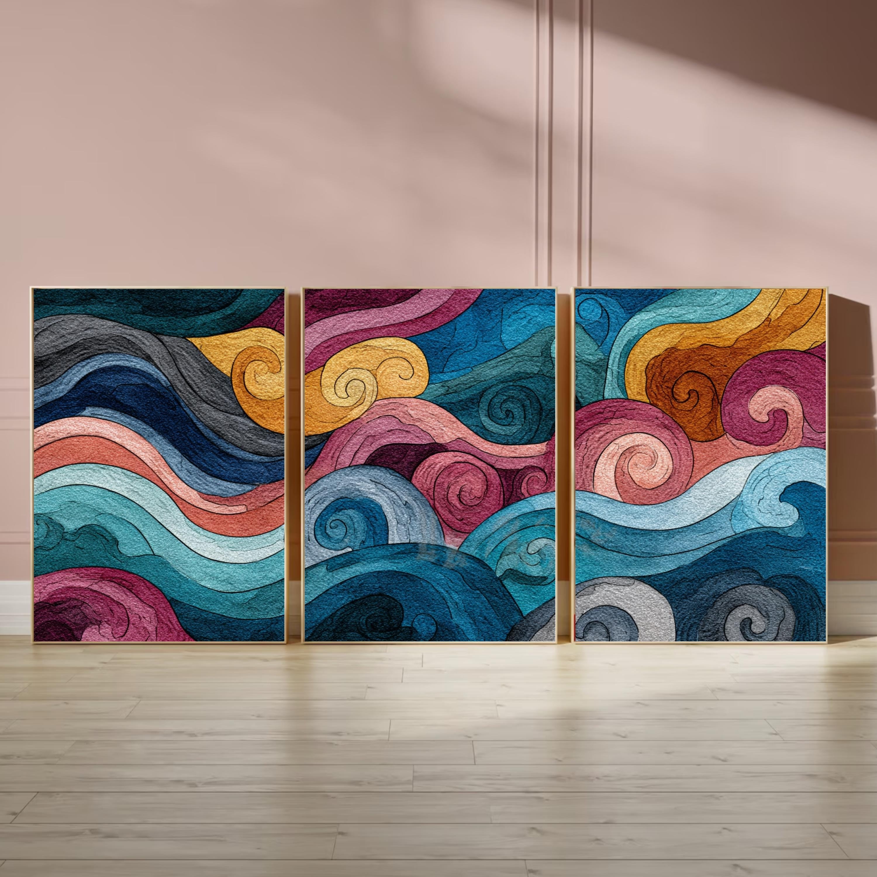 Abstract Wave Wall Art Set of 3 | Colorful Ocean Inspired Triptych Prints | Modern Coastal Decor for Living Room or Bedroom