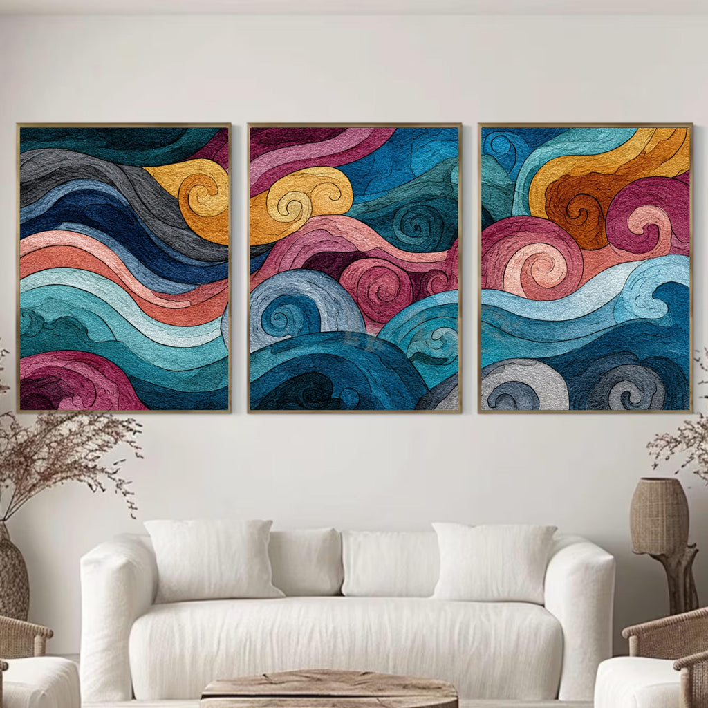 Abstract Wave Wall Art Set of 3 | Colorful Ocean Inspired Triptych Prints | Modern Coastal Decor for Living Room or Bedroom