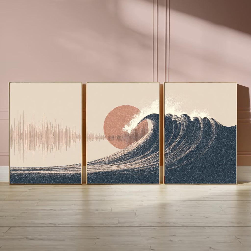 Wave and Soundwave Wall Art Set of 3 | Ocean Sunset Triptych Poster Prints | Music Lover Coastal Decor for Living Room
