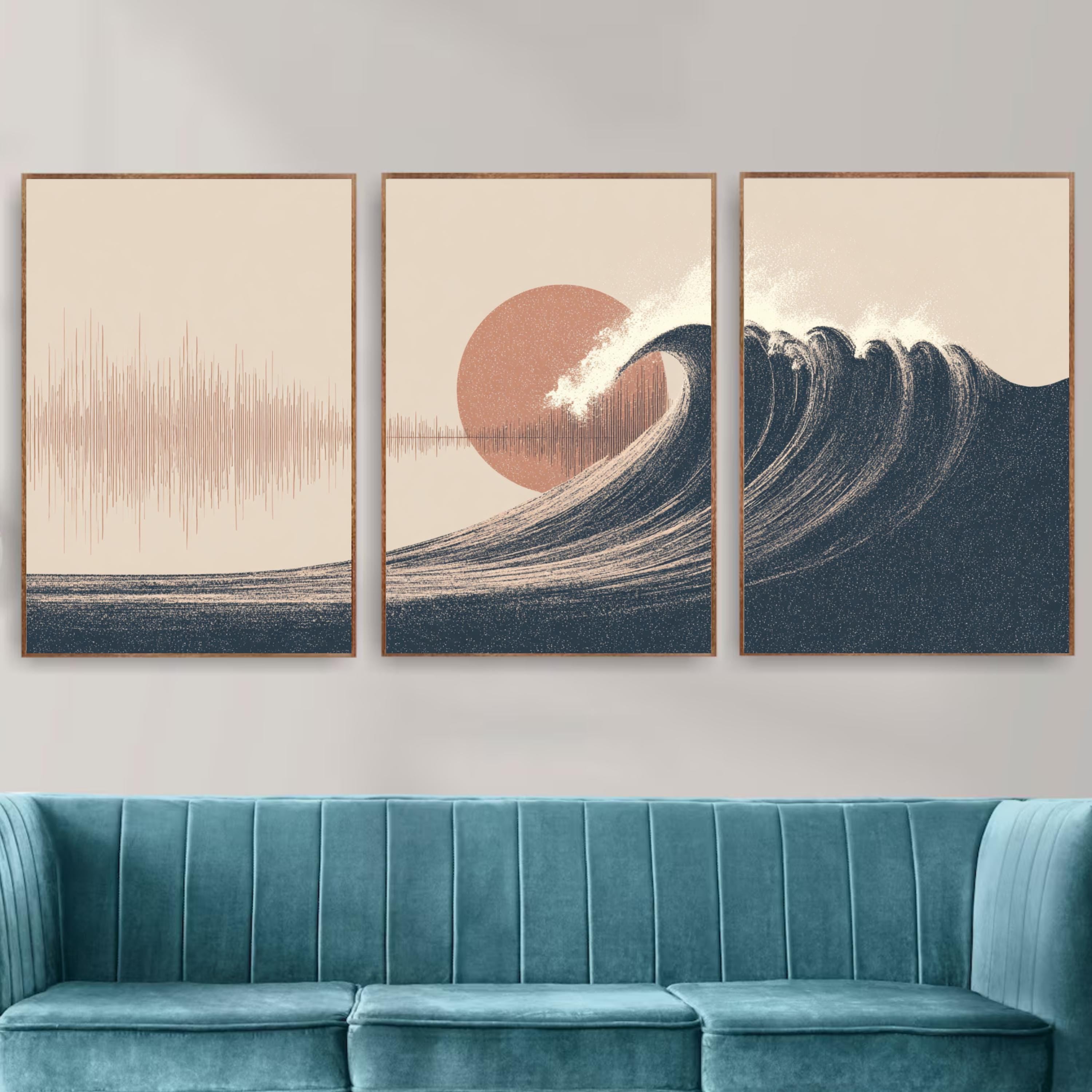 Wave and Soundwave Wall Art Set of 3 | Ocean Sunset Triptych Poster Prints | Music Lover Coastal Decor for Living Room