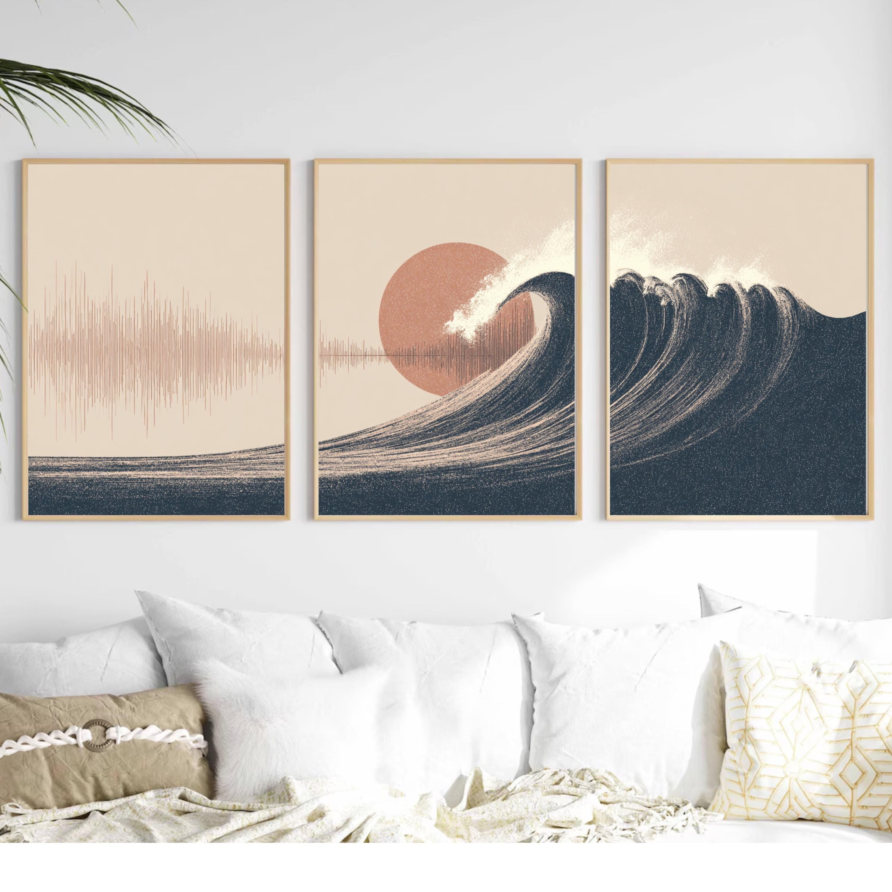 Wave and Soundwave Wall Art Set of 3 | Ocean Sunset Triptych Poster Prints | Music Lover Coastal Decor for Living Room