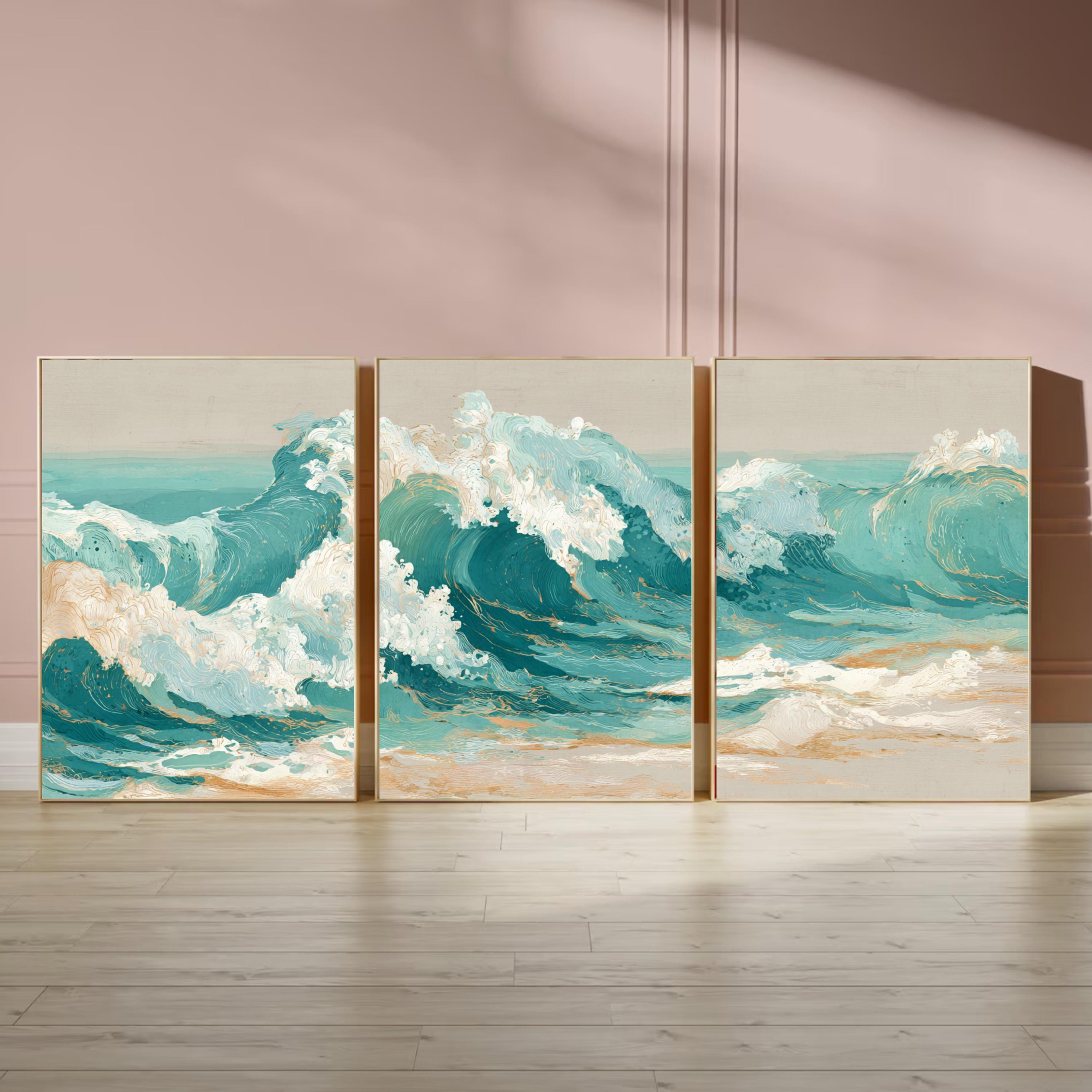 Ocean Wave Wall Art Set of 3 | Coastal Triptych Poster Prints | Beach House Decor for Living Room or Bedroom