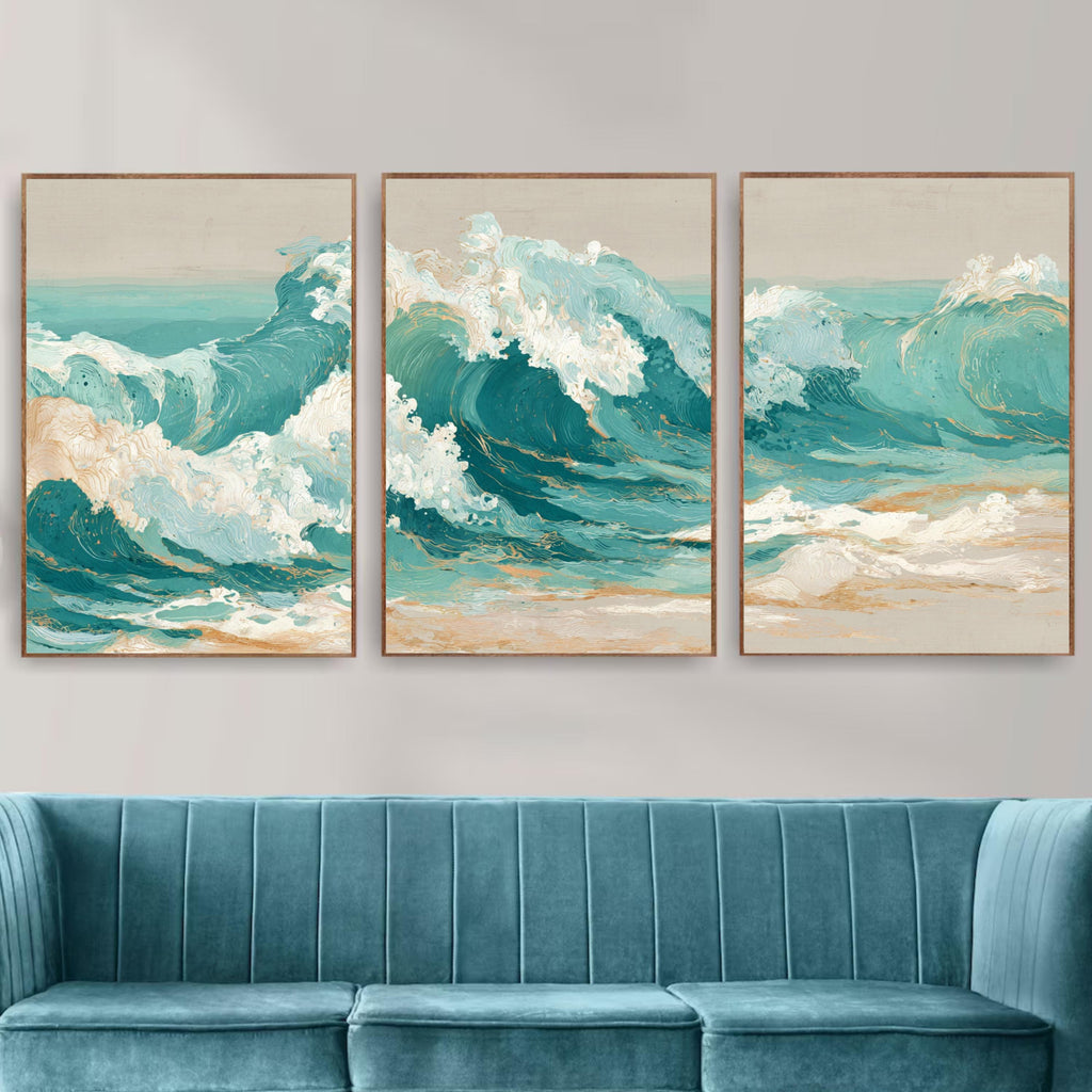 Ocean Wave Wall Art Set of 3 | Coastal Triptych Poster Prints | Beach House Decor for Living Room or Bedroom