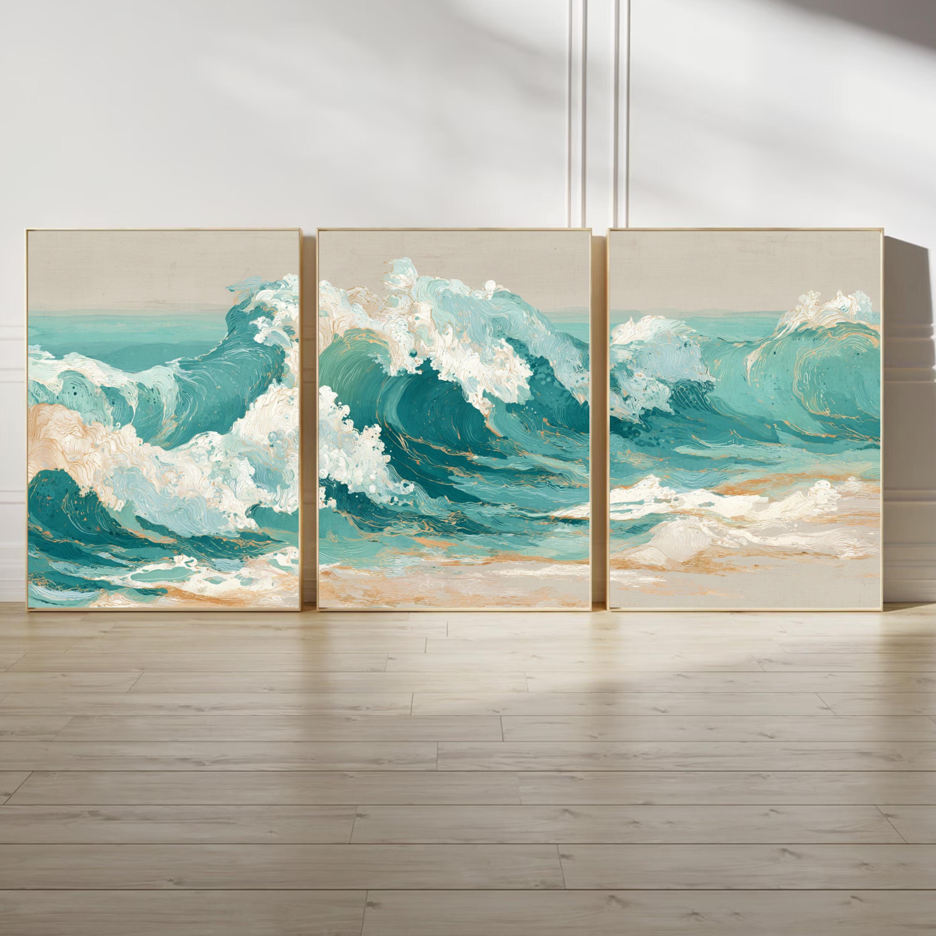 Ocean Wave Wall Art Set of 3 | Coastal Triptych Poster Prints | Beach House Decor for Living Room or Bedroom