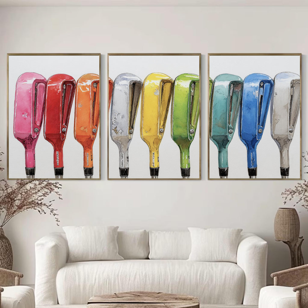 Golf Club Wall Art Set of 3 | Colorful Golf Triptych Poster Prints | Sports Decor for Man Cave, Office, or Living Room