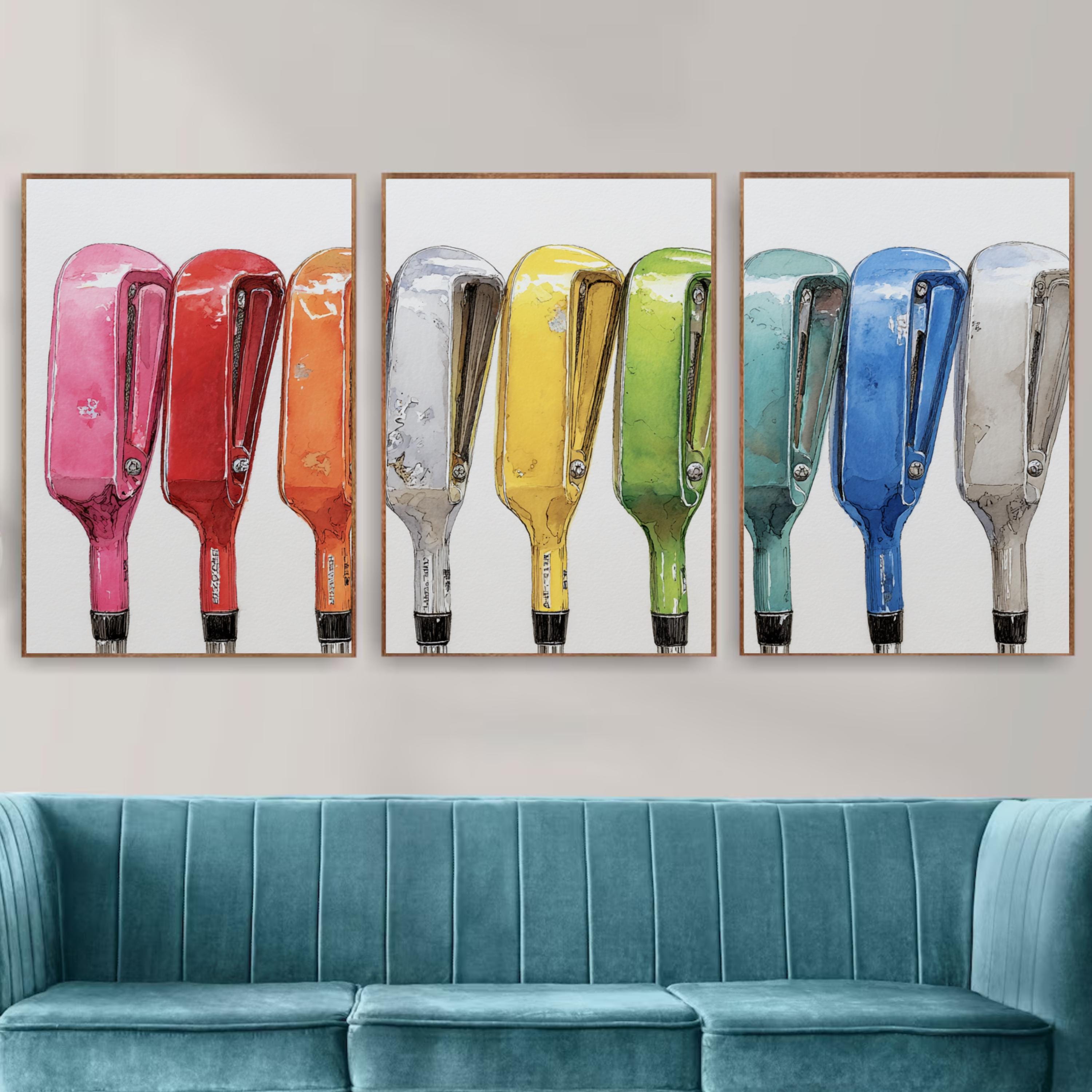 Golf Club Wall Art Set of 3 | Colorful Golf Triptych Poster Prints | Sports Decor for Man Cave, Office, or Living Room